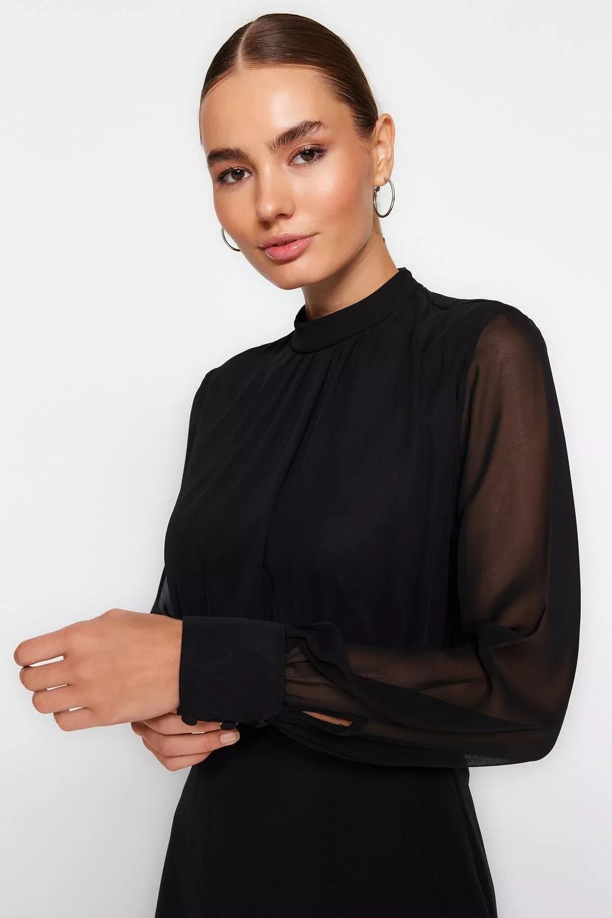 Black A-Line Mini Woven Dress, BLACK, large image number 2