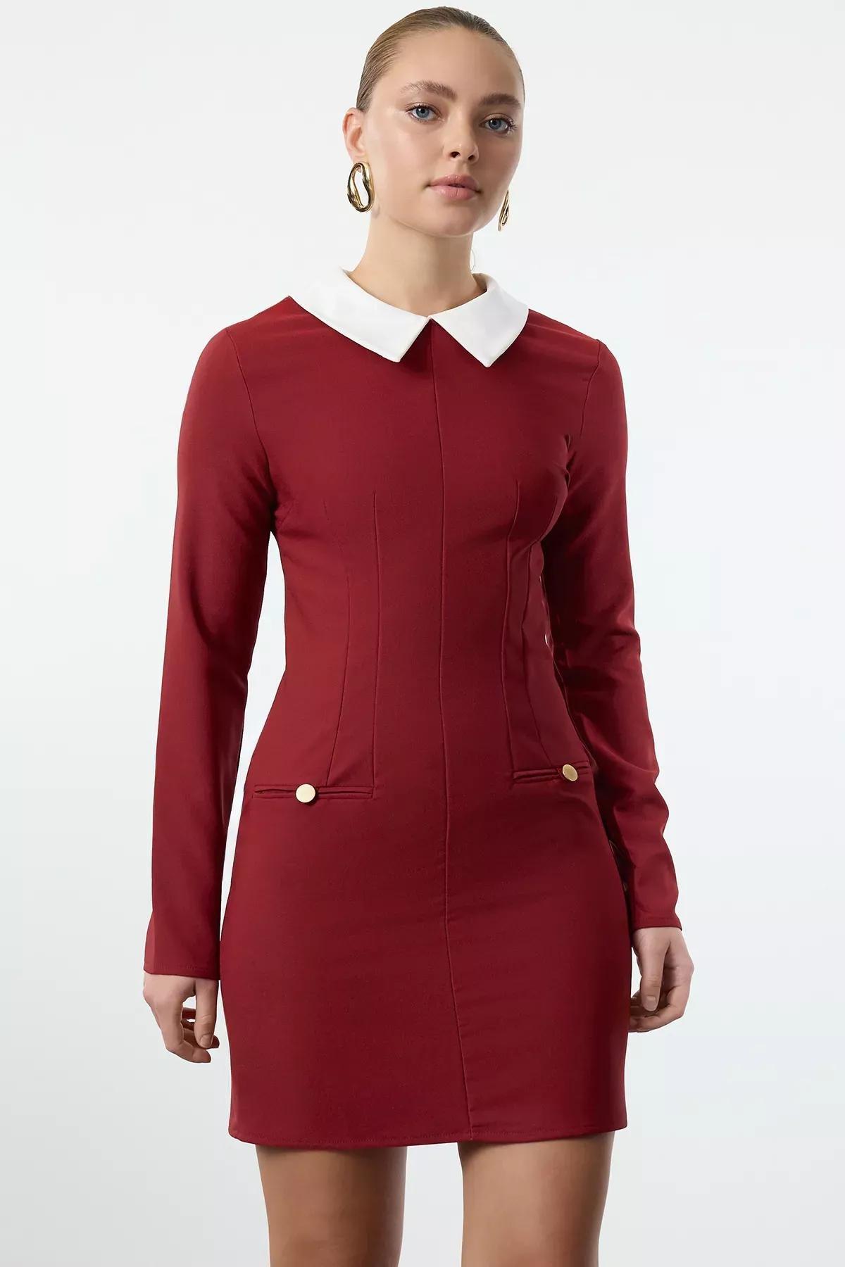 Burgundy Collared Detailed Woven Dress, , large image number 1