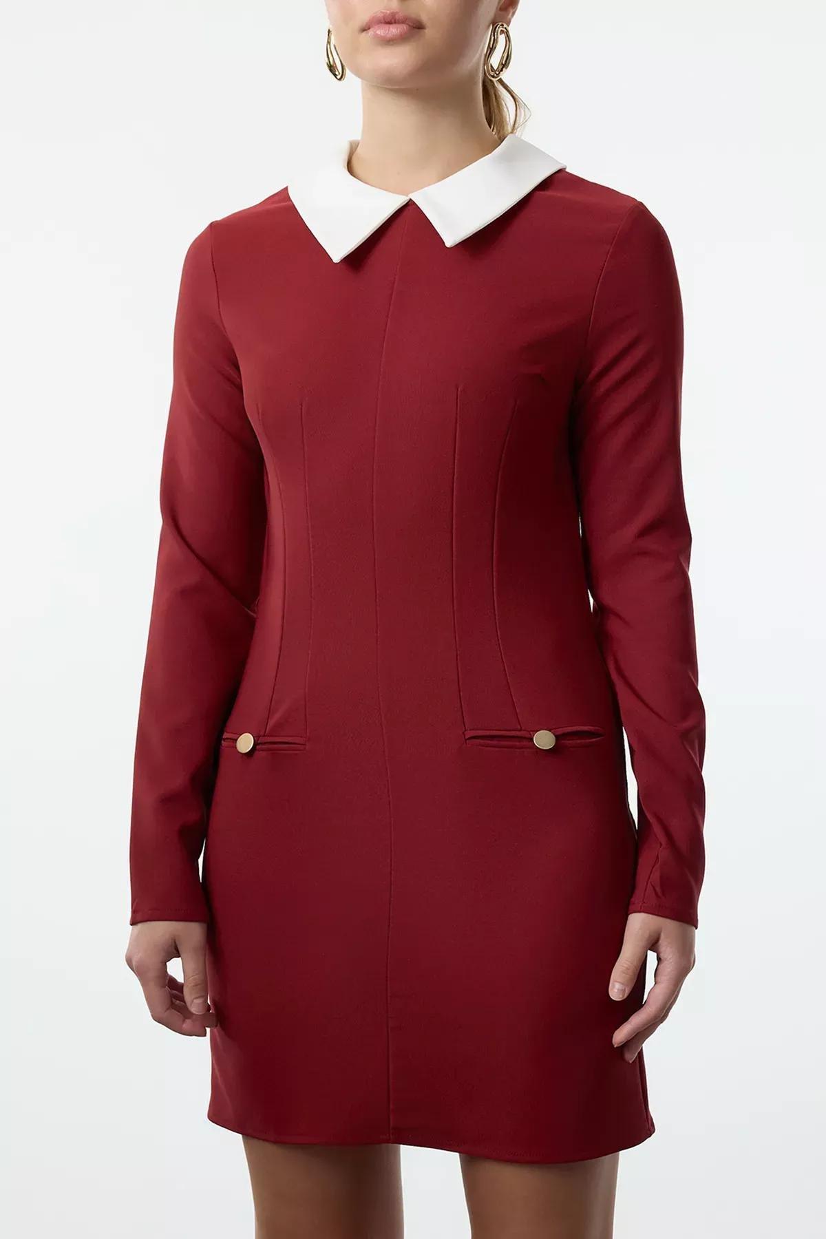 Burgundy Collared Detailed Woven Dress, , large image number 2