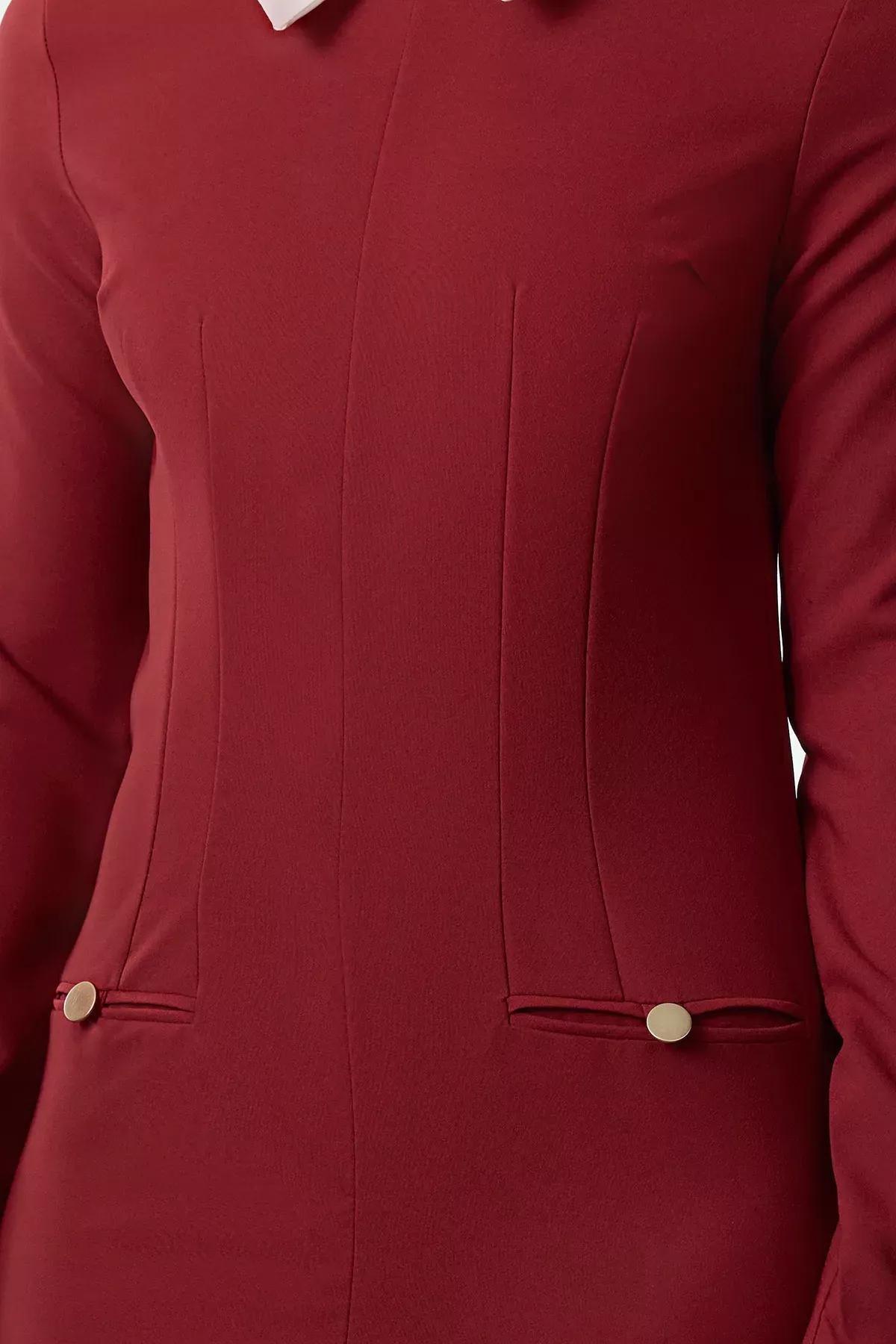 Burgundy Collared Detailed Woven Dress, , large image number 3