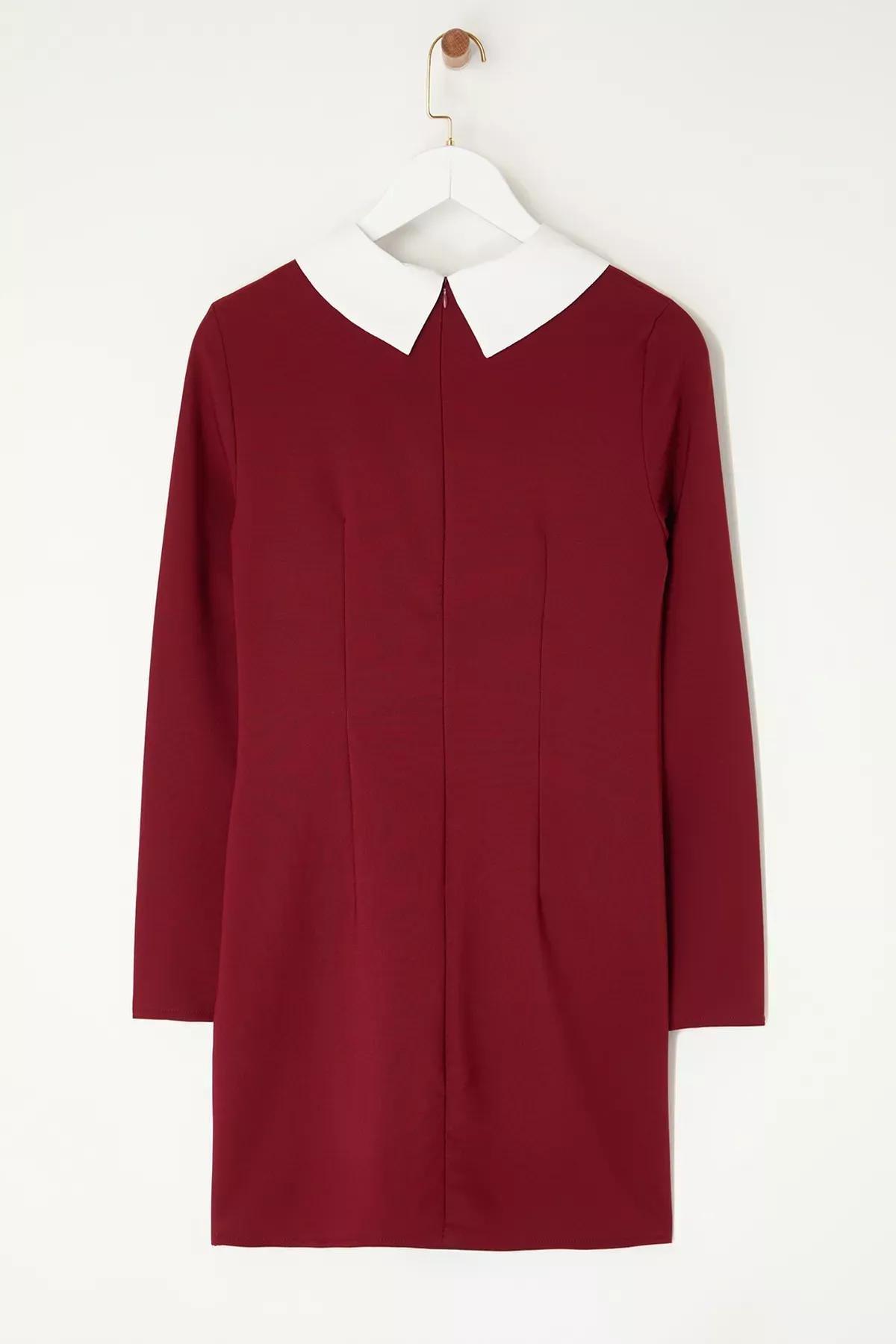 Burgundy Collared Detailed Woven Dress, , large image number 5