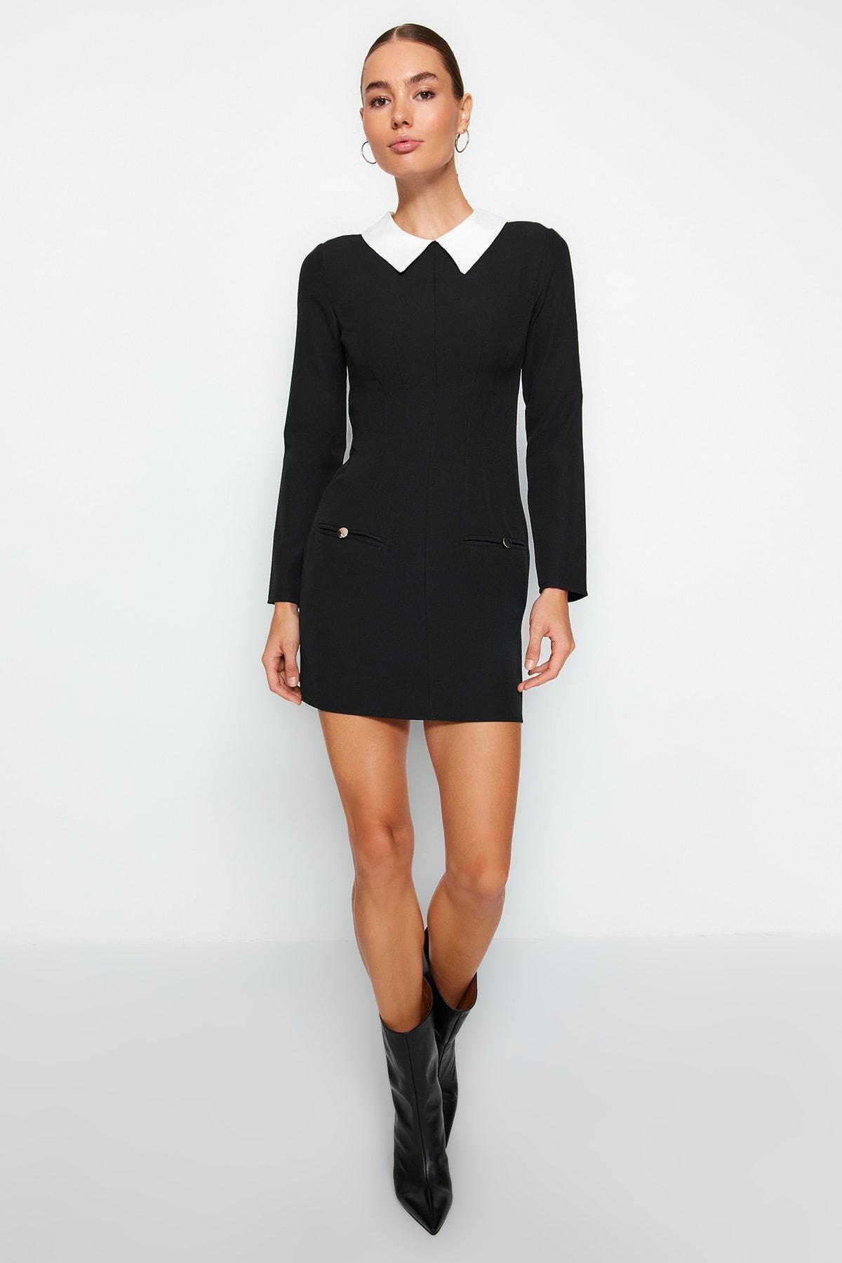 Black Fitted Shirt Collar Dress, , large image number 0