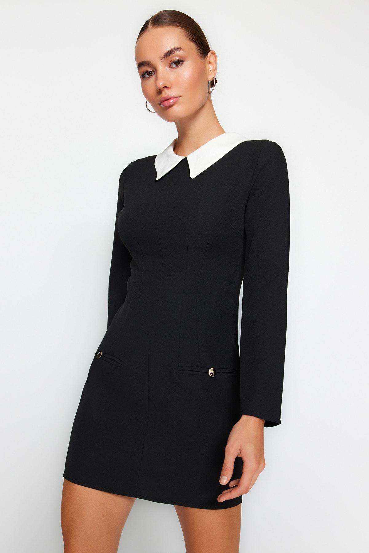 Black Fitted Shirt Collar Dress, , large image number 1