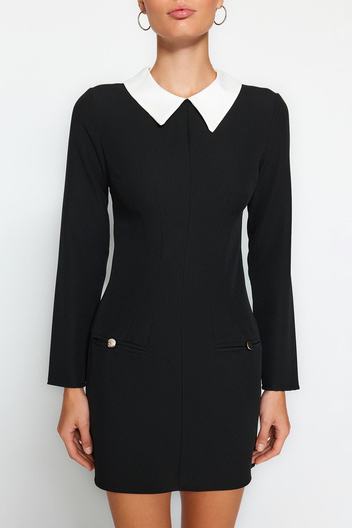 Black Fitted Shirt Collar Dress, , large image number 3