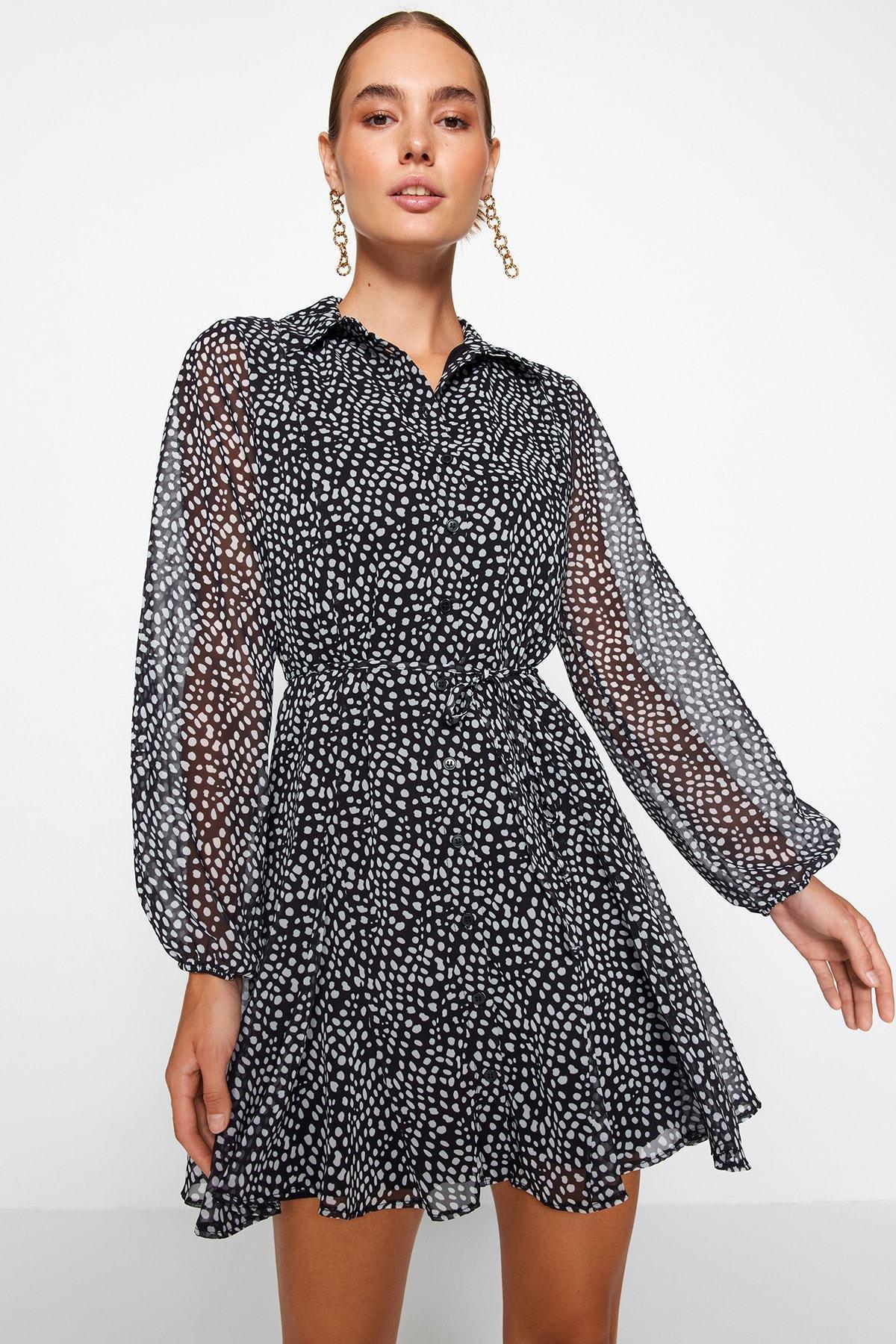 Black Belted Chiffon Shirt Dress, , large image number 0