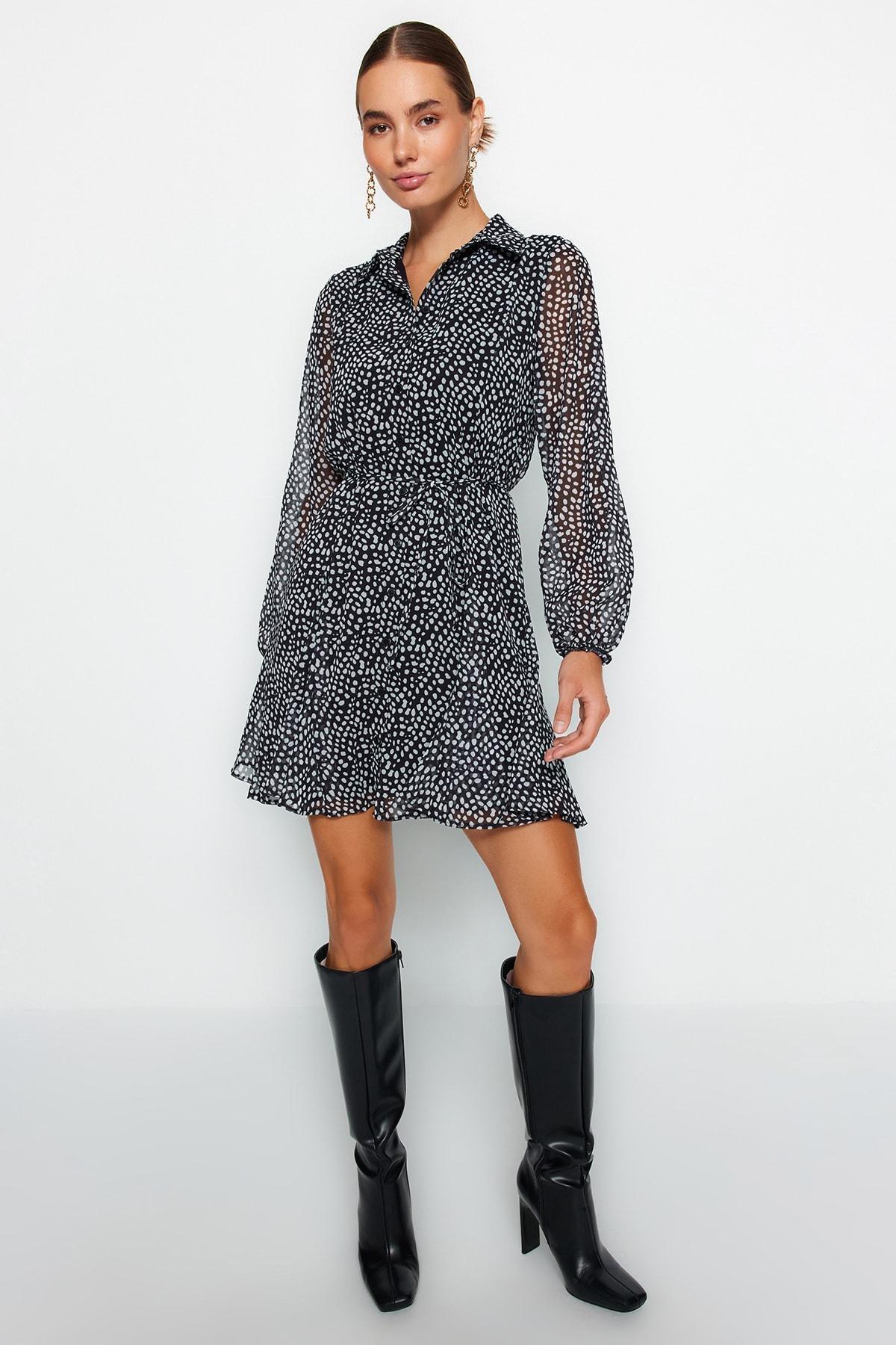 Black Belted Chiffon Shirt Dress, , large image number 1