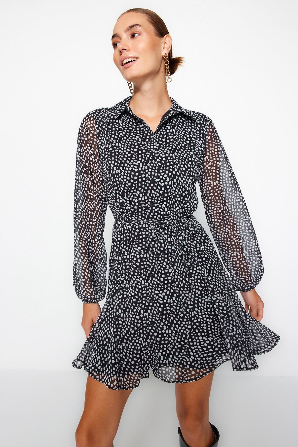 Black Belted Chiffon Shirt Dress, , large image number 2