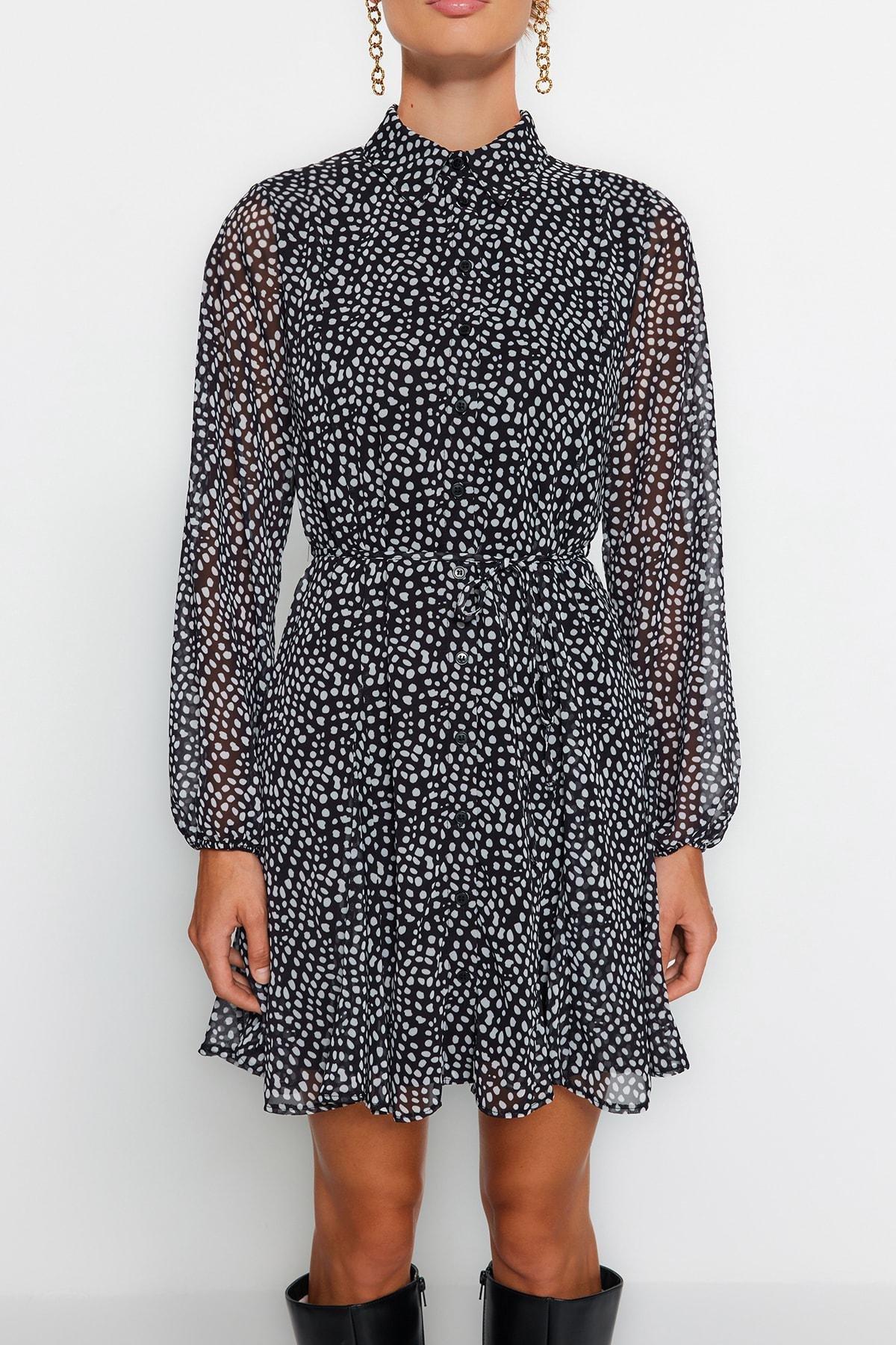 Black Belted Chiffon Shirt Dress, , large image number 3
