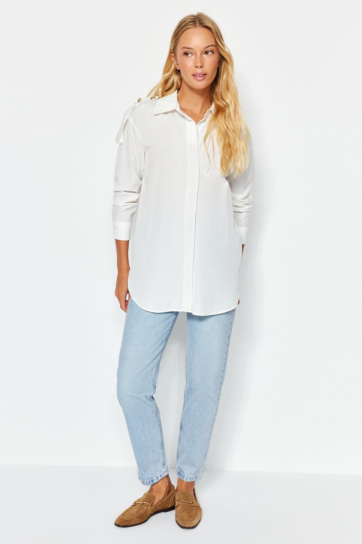 Trendyol - Cream Shoulder Detailed Oversized Shirt