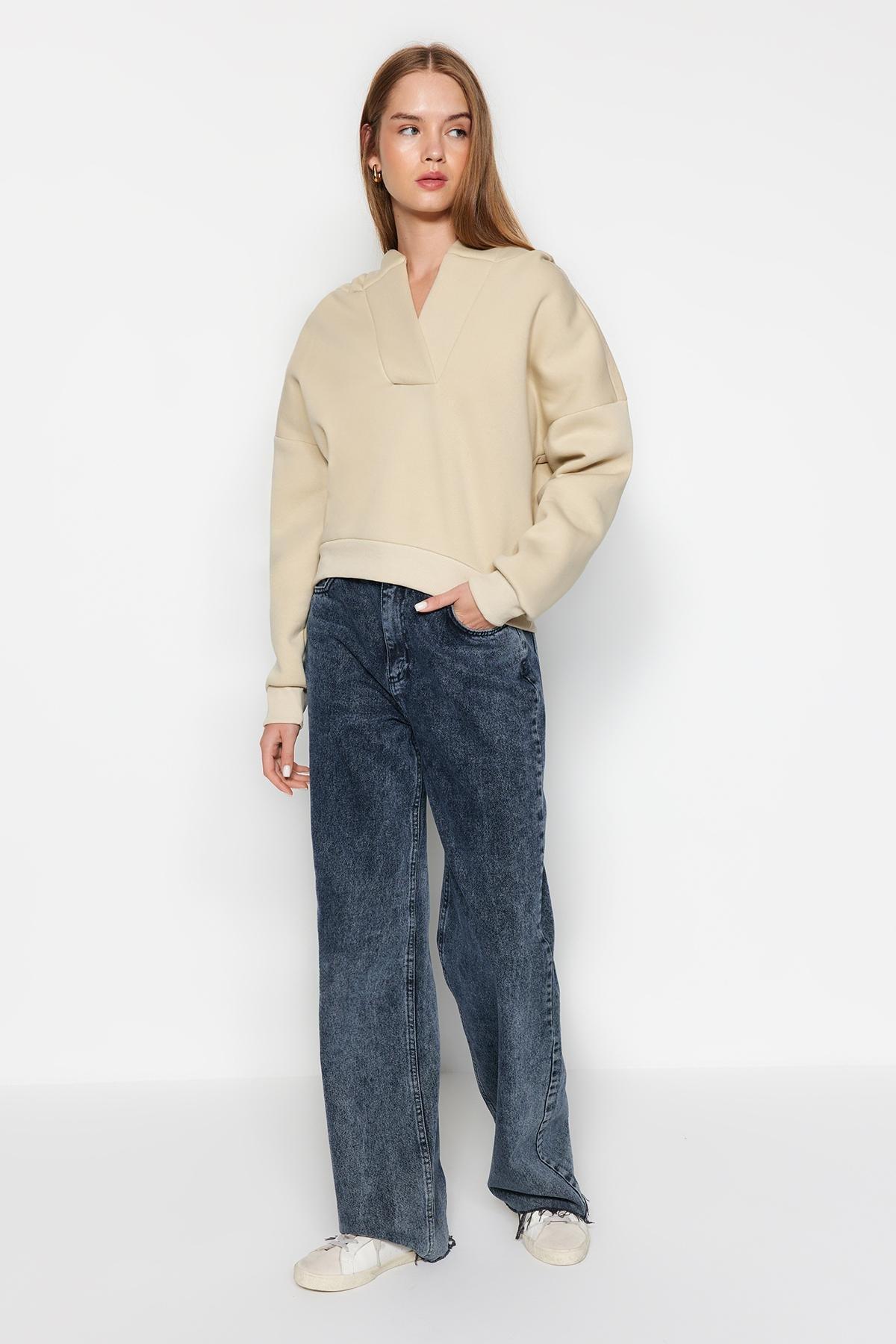Trendyol - Beige Fleece Hooded Crop Knitted Sweatshirt