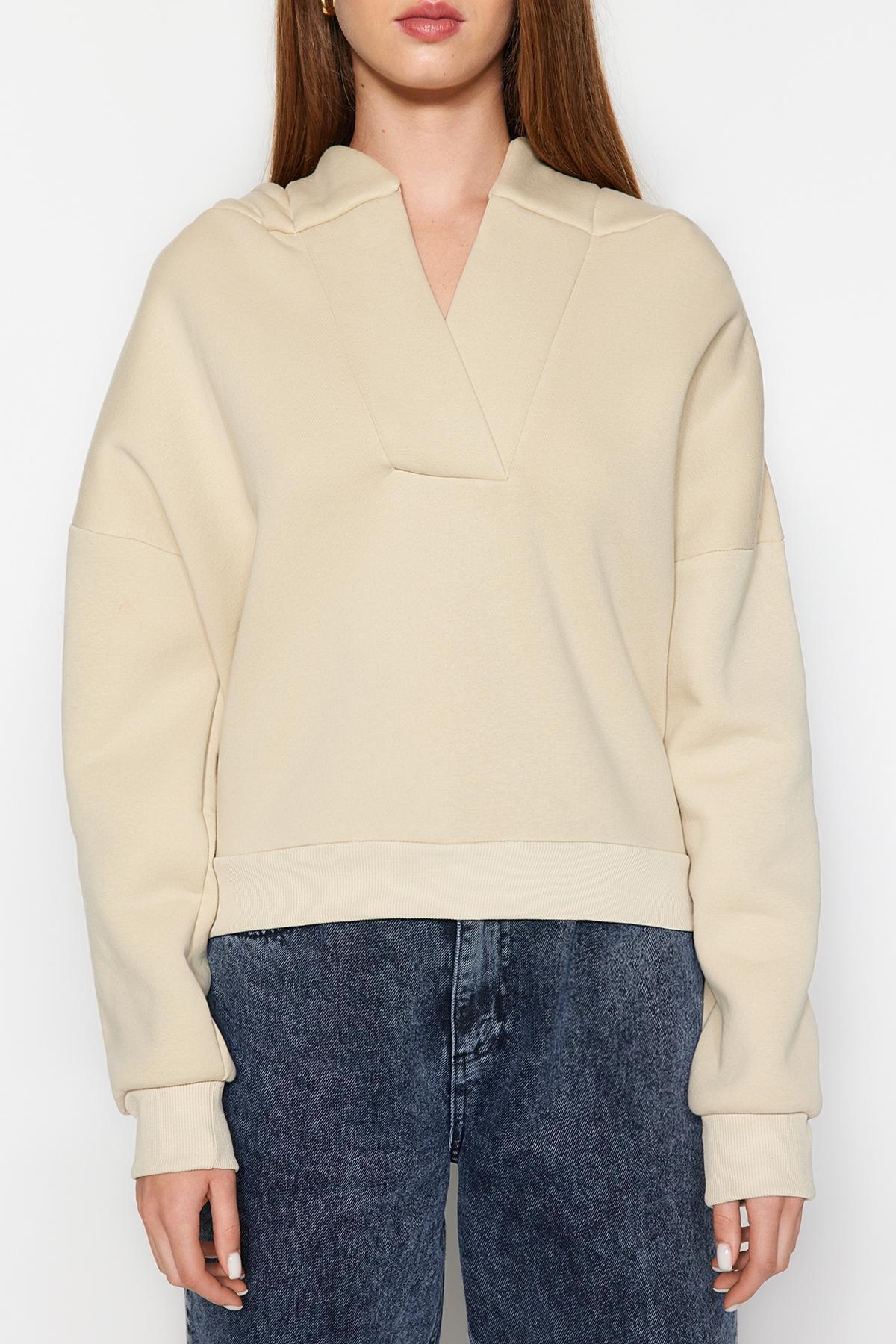 Trendyol - Beige Fleece Hooded Crop Knitted Sweatshirt