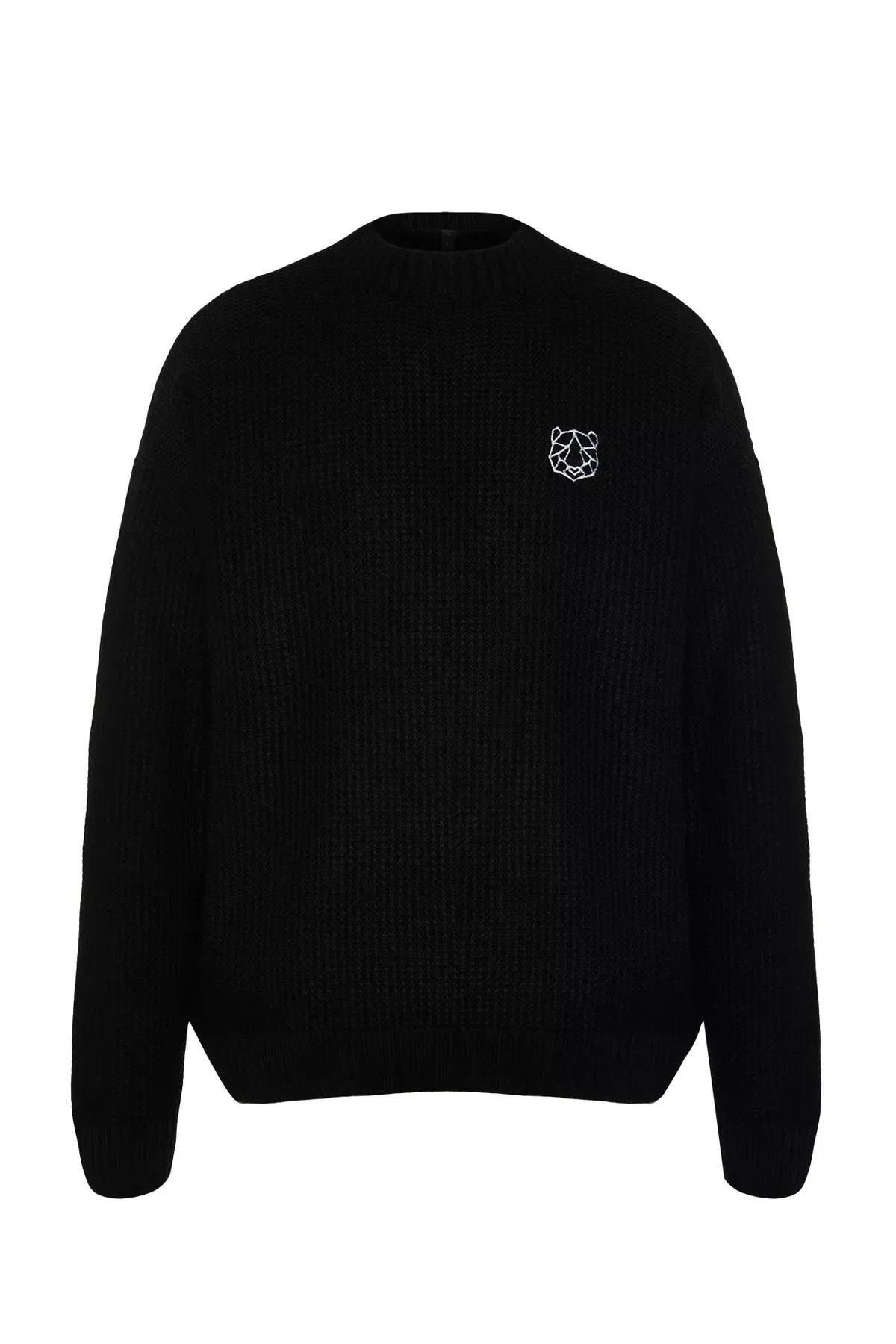 Black Oversize Embroidered Knitwear Sweater, BLACK, large image number 4