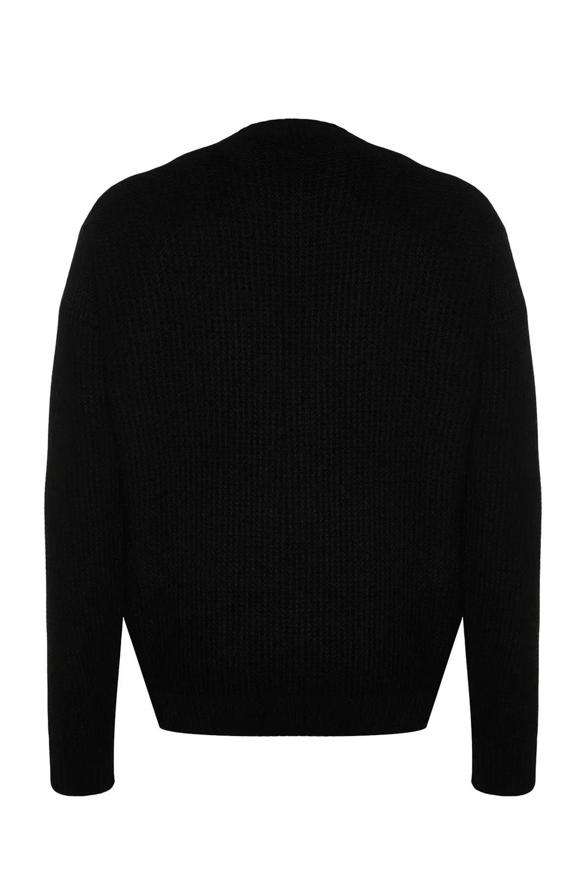 Black Oversize Embroidered Knitwear Sweater, BLACK, large image number 6