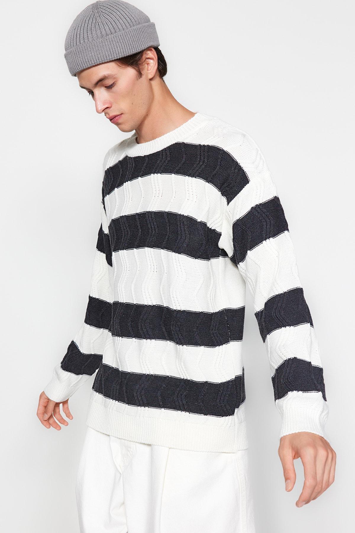 Trendyol - Cream Oversize Striped Knitwear Sweater