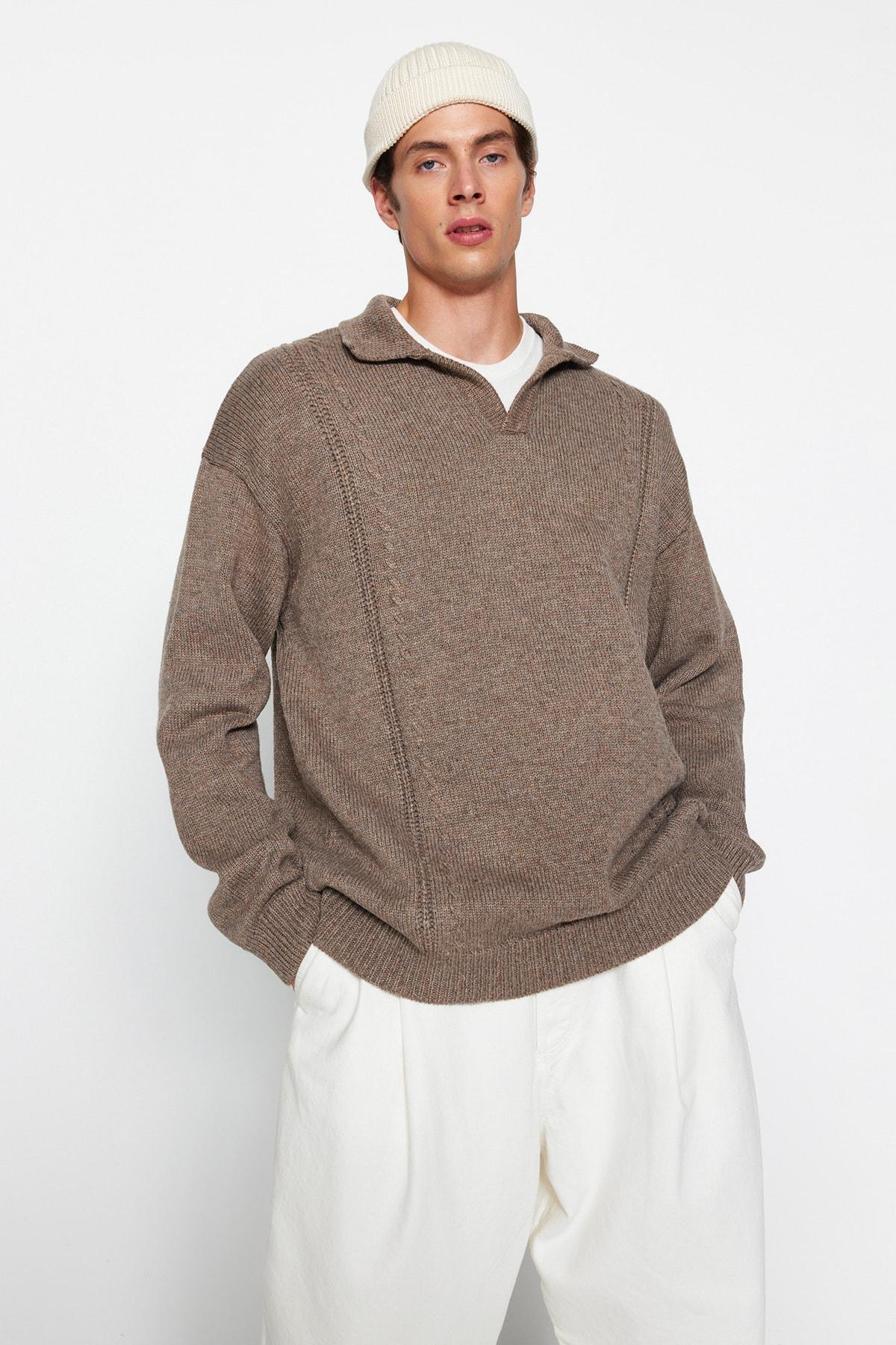 Brown Oversize Polo Neck Knitwear Sweater, , large image number 0