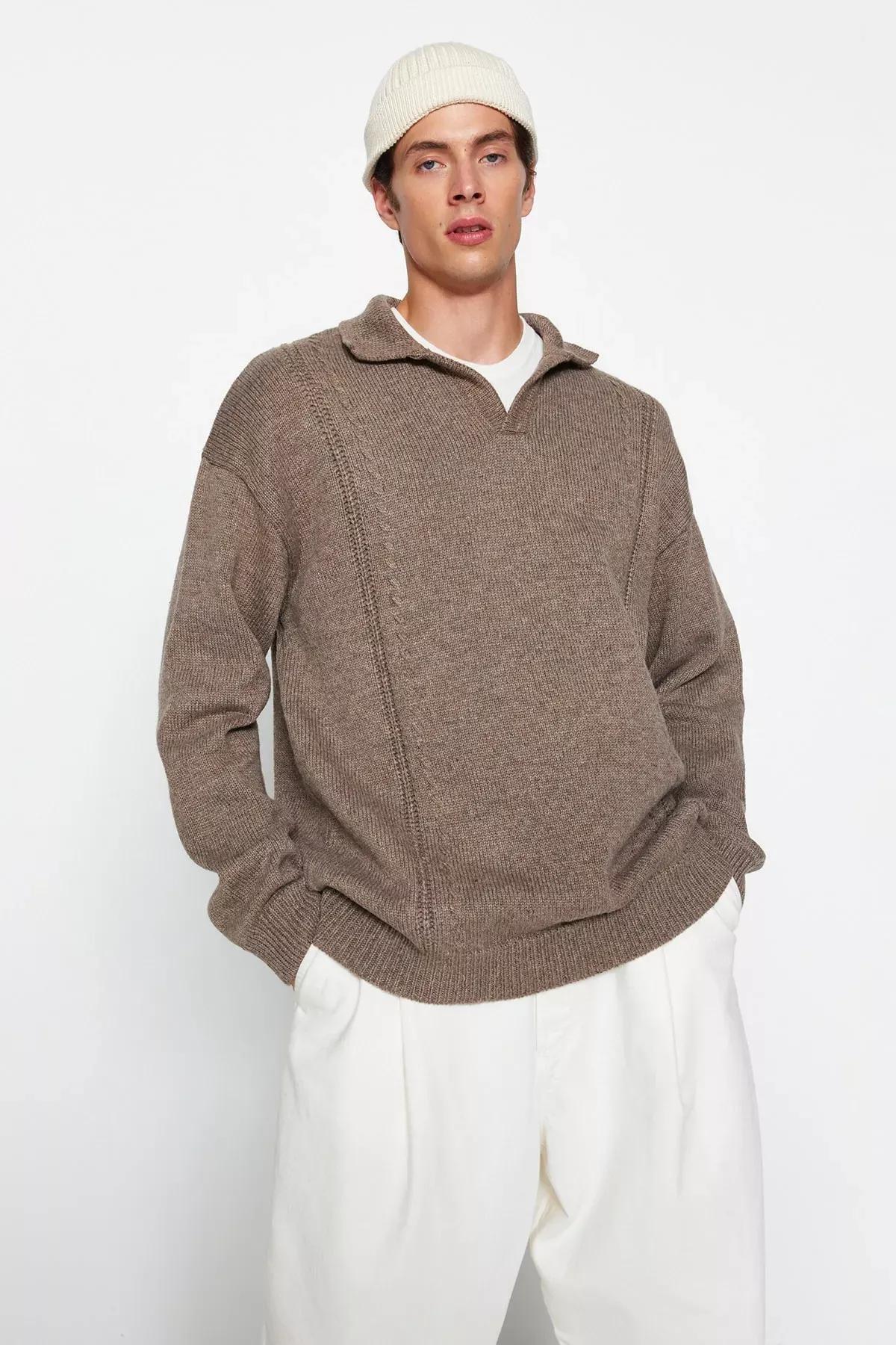 Brown Oversize Polo Neck Knitwear Sweater, , large image number 0