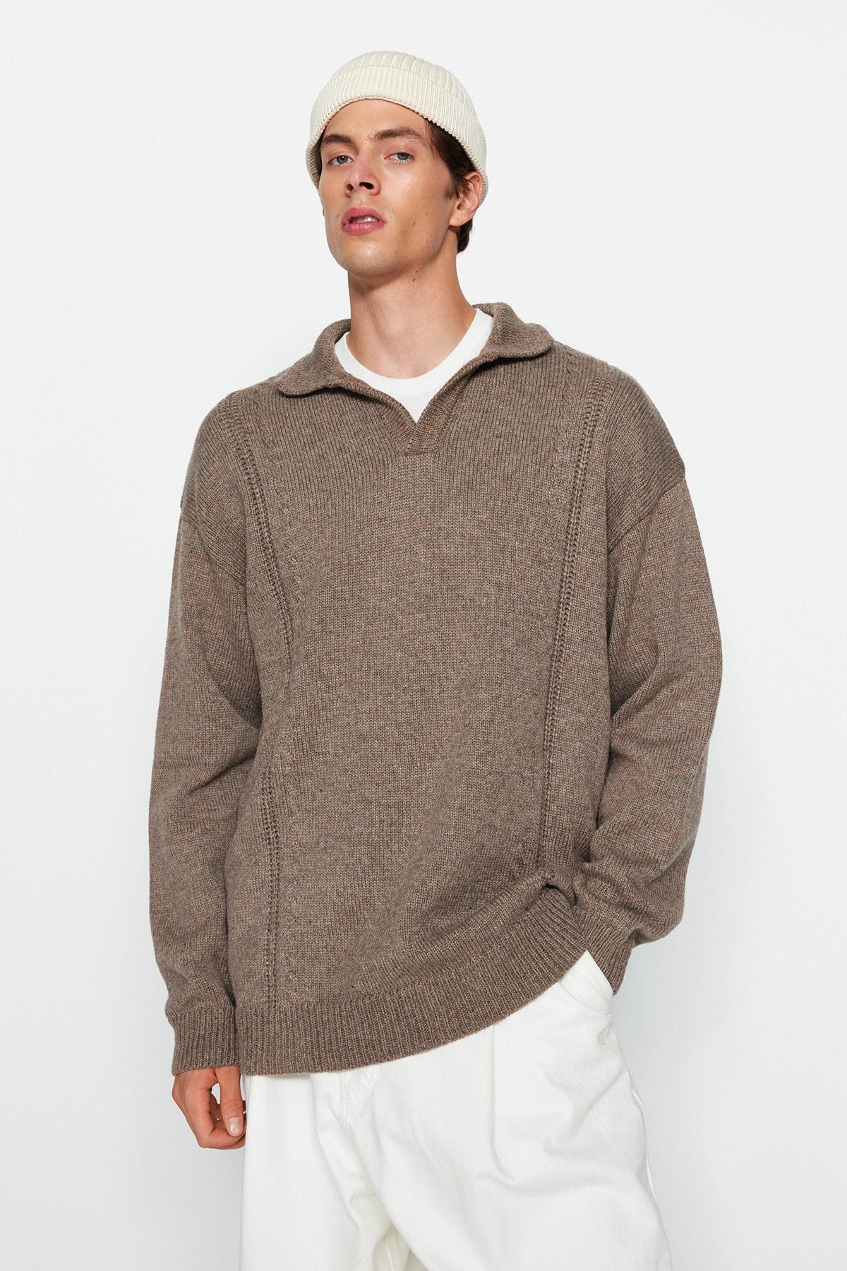 Brown Oversize Polo Neck Knitwear Sweater, , large image number 1