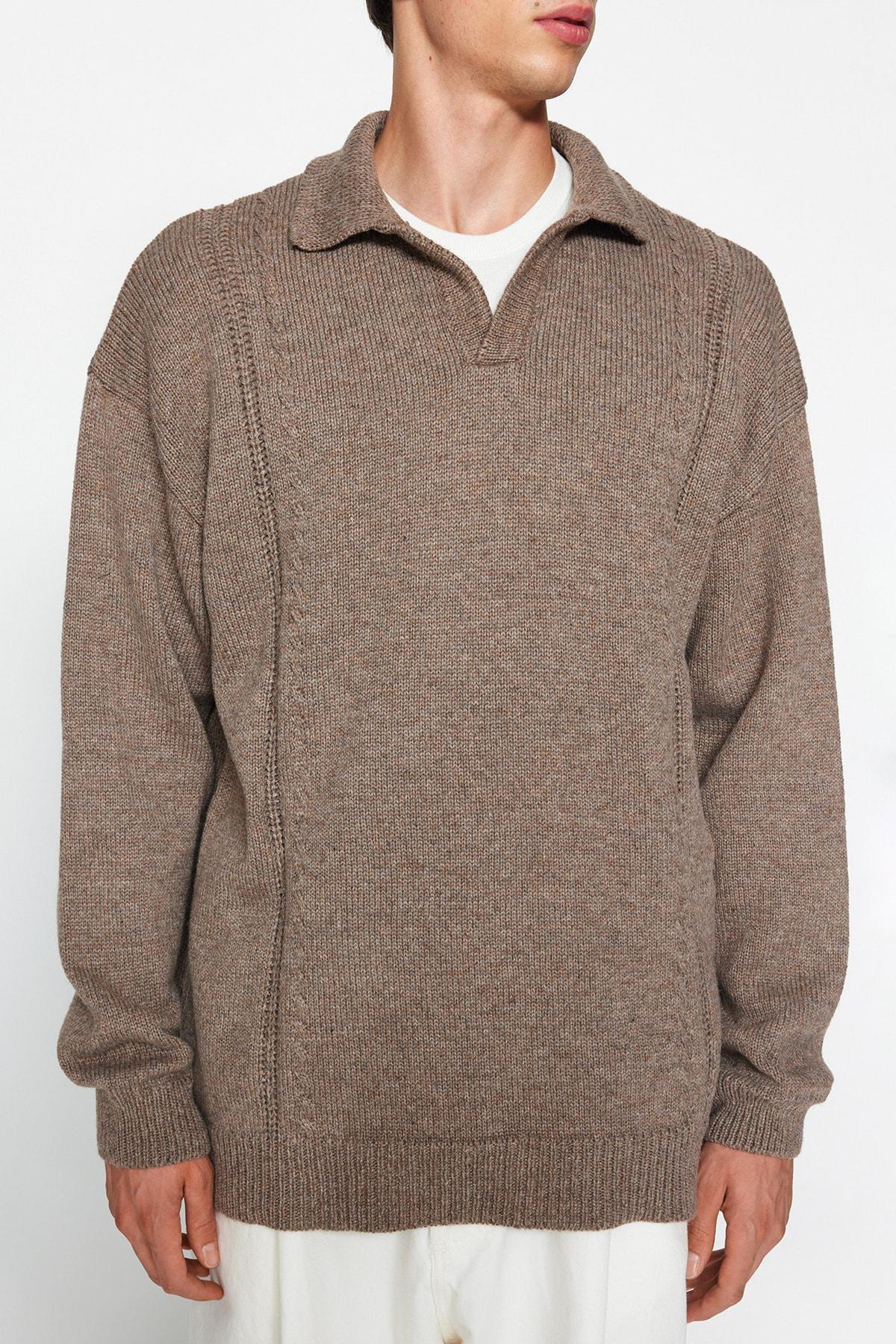 Brown Oversize Polo Neck Knitwear Sweater, , large image number 2