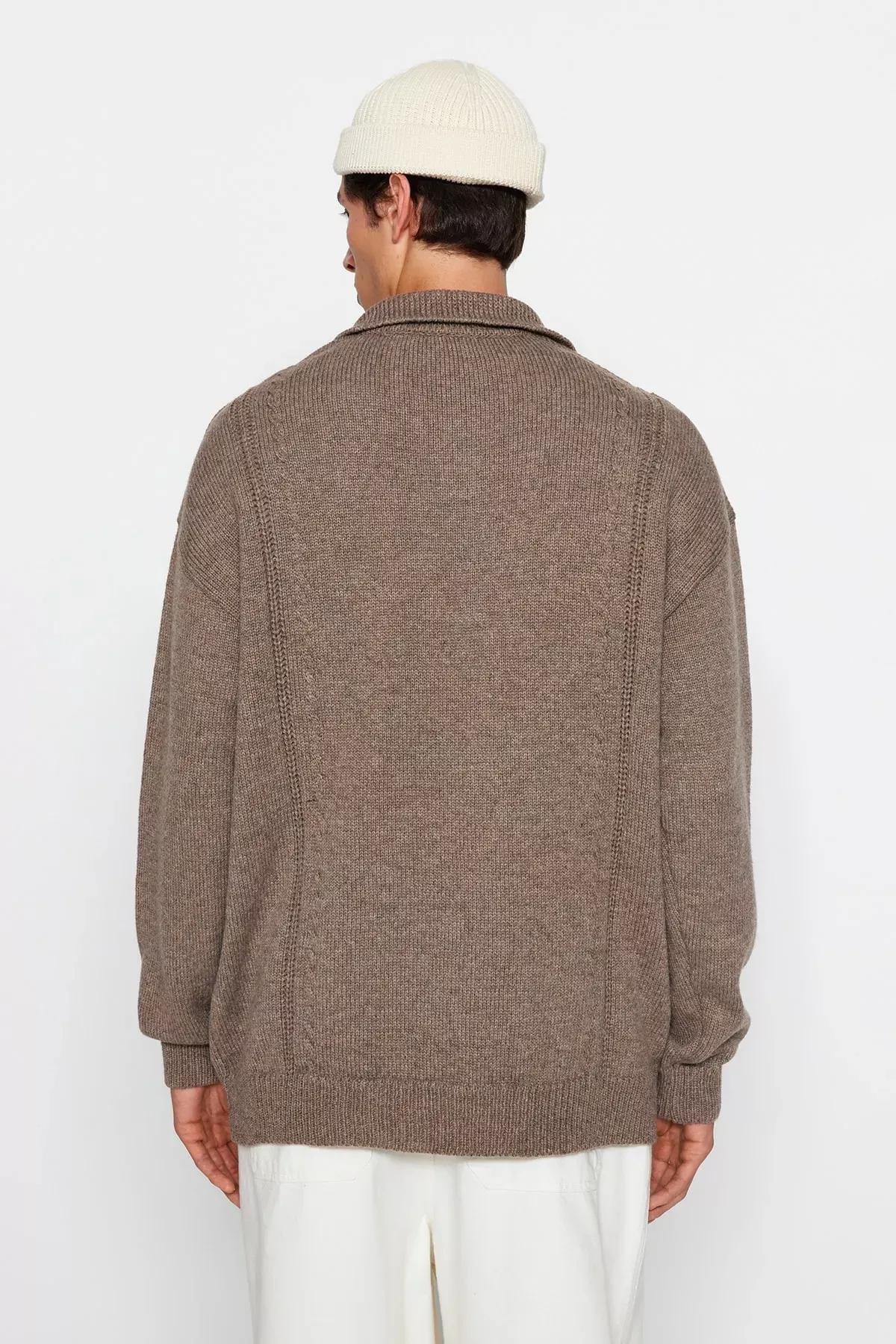Brown Oversize Polo Neck Knitwear Sweater, , large image number 3