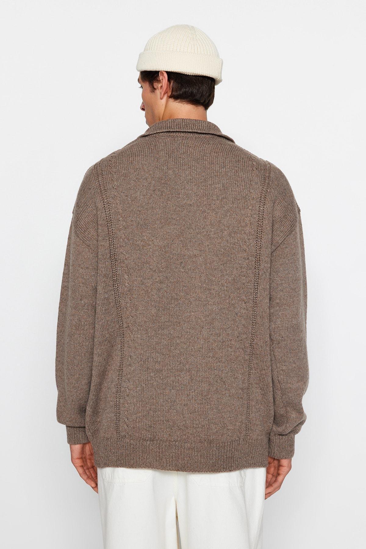 Brown Oversize Polo Neck Knitwear Sweater, , large image number 3