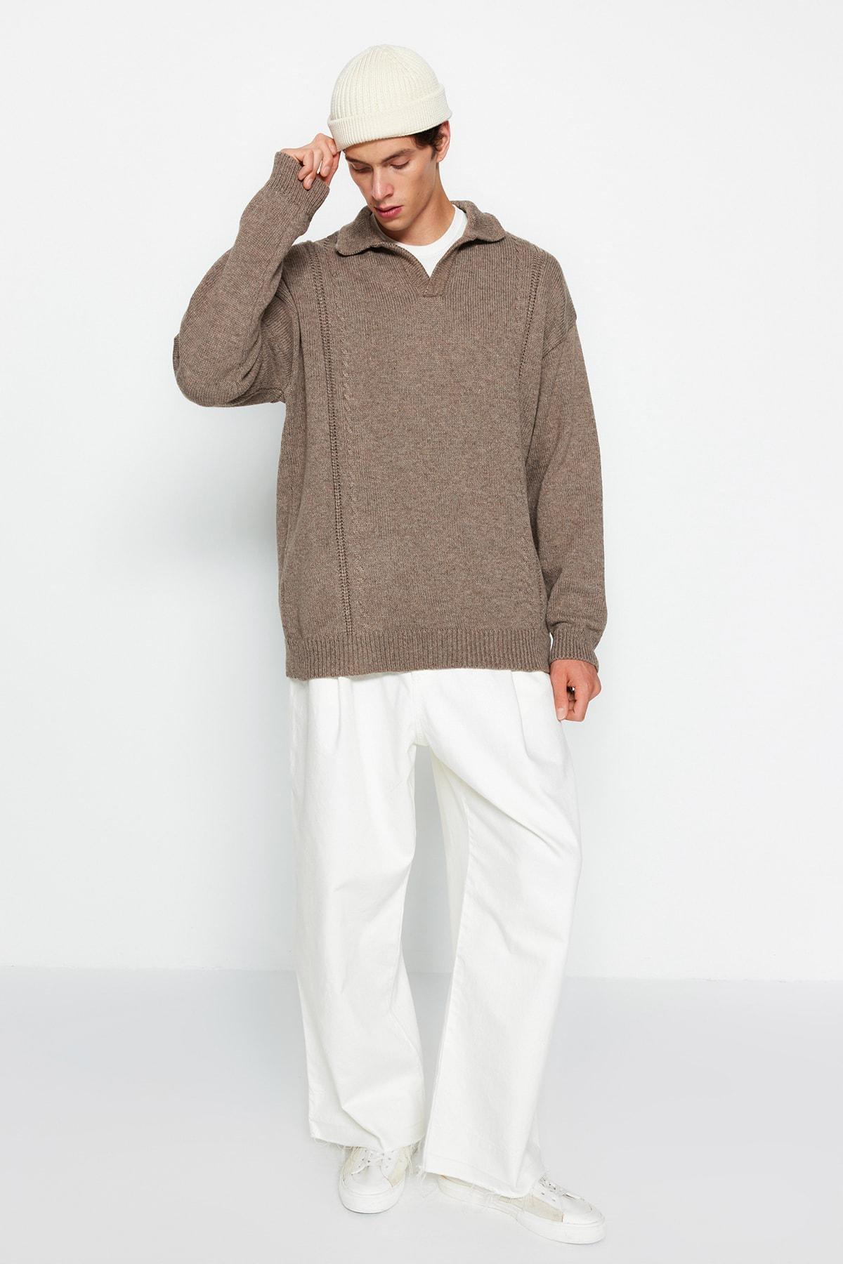 Brown Oversize Polo Neck Knitwear Sweater, , large image number 4