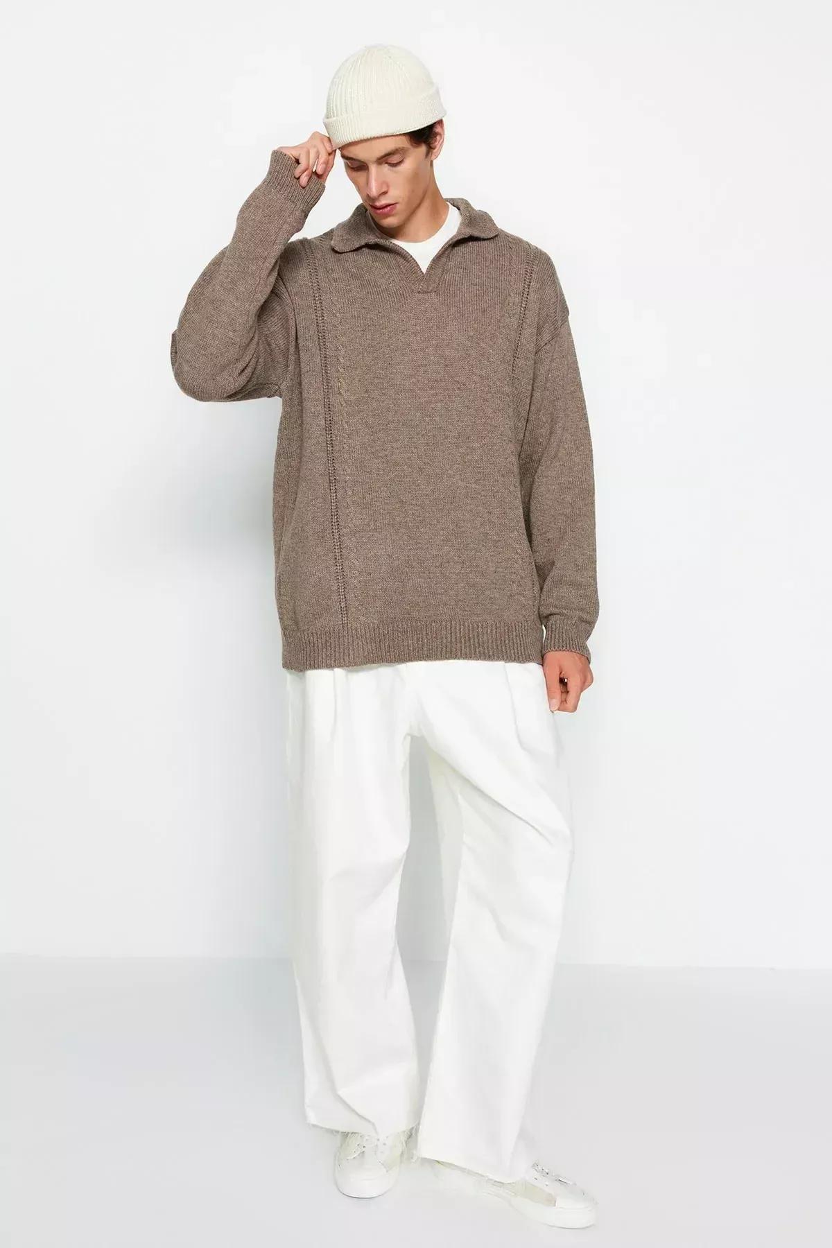 Brown Oversize Polo Neck Knitwear Sweater, , large image number 4