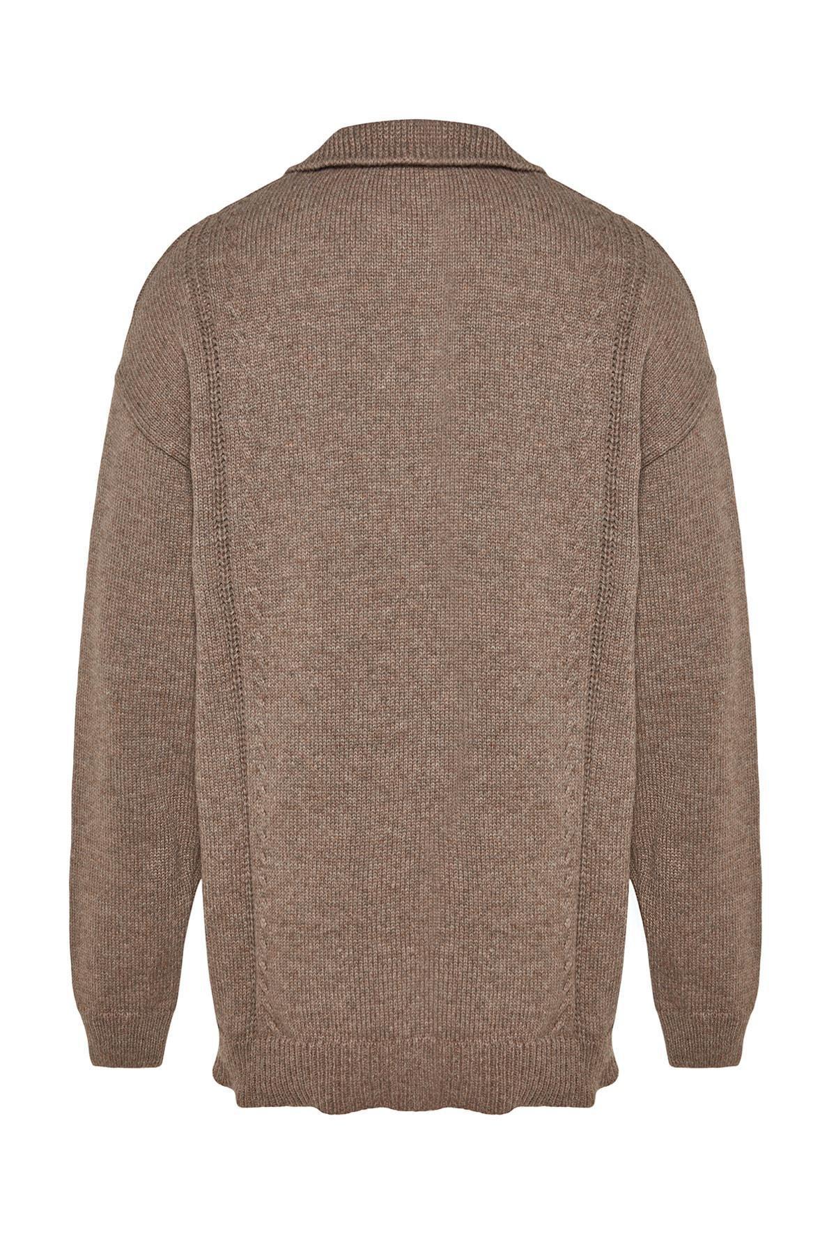 Brown Oversize Polo Neck Knitwear Sweater, , large image number 5