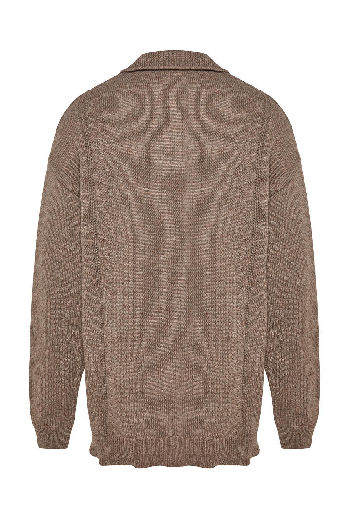 Trendyol - Brown Oversize Polo Neck Knitwear Sweater