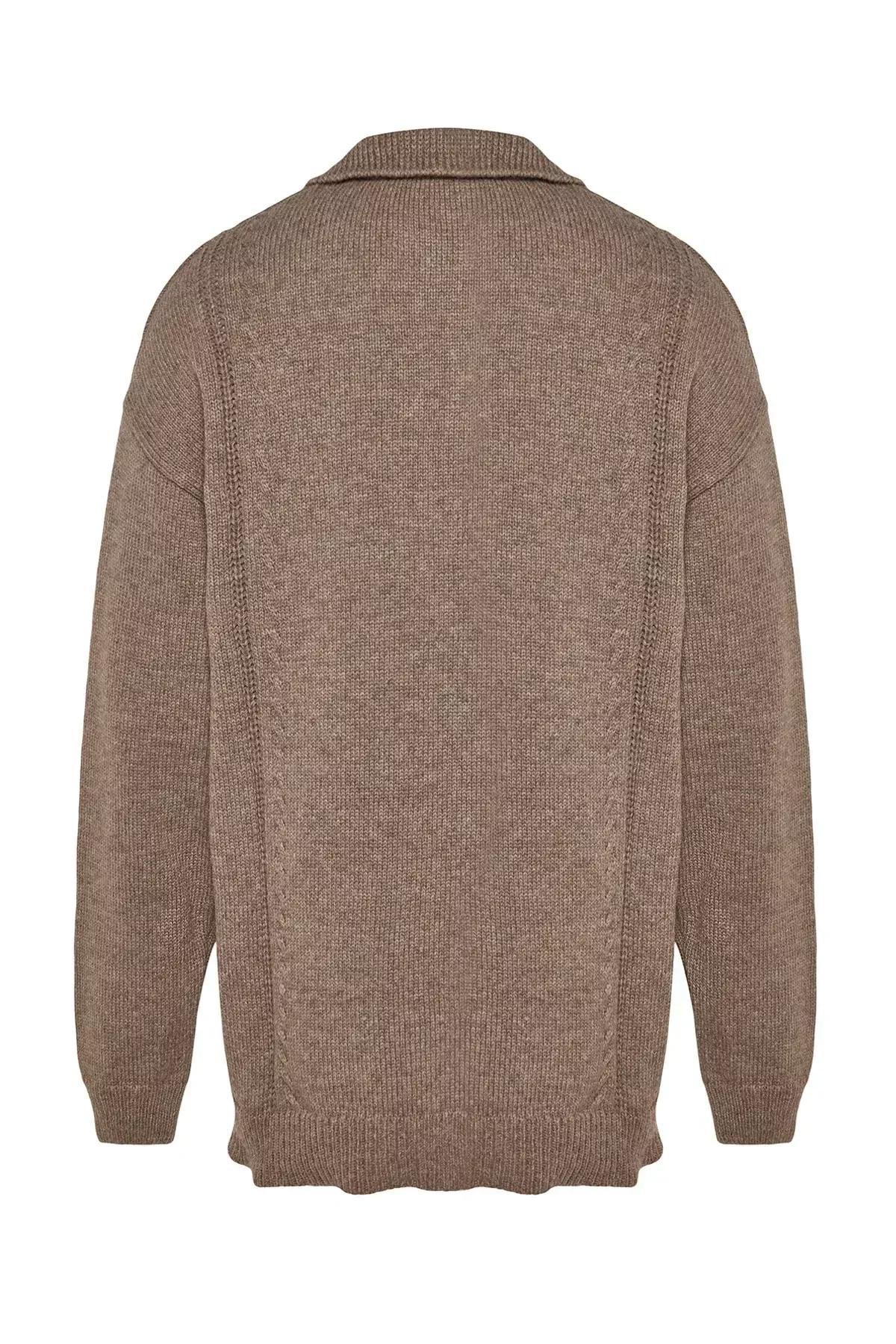 Brown Oversize Polo Neck Knitwear Sweater, , large image number 5