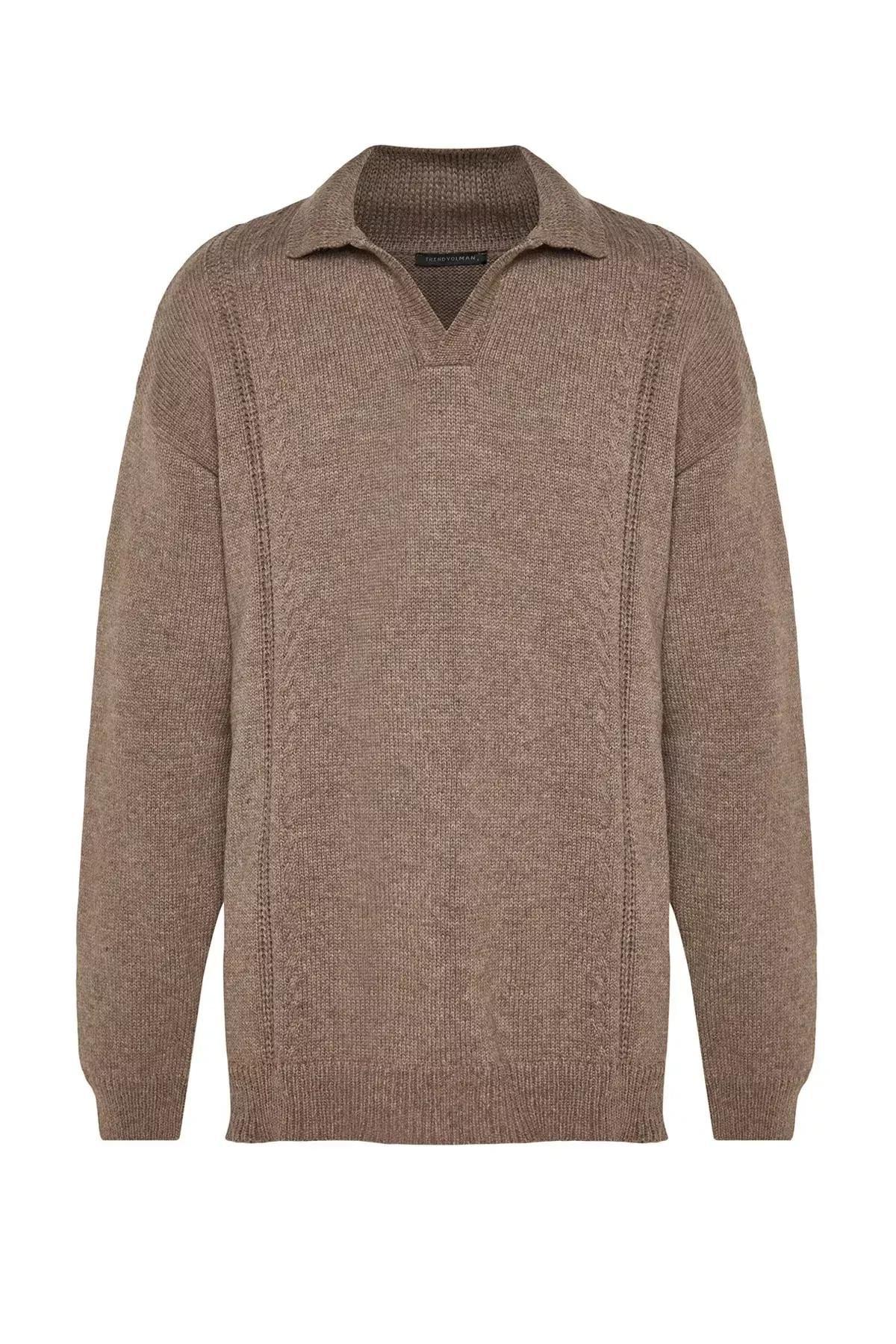 Trendyol - Brown Oversize Polo Neck Knitwear Sweater