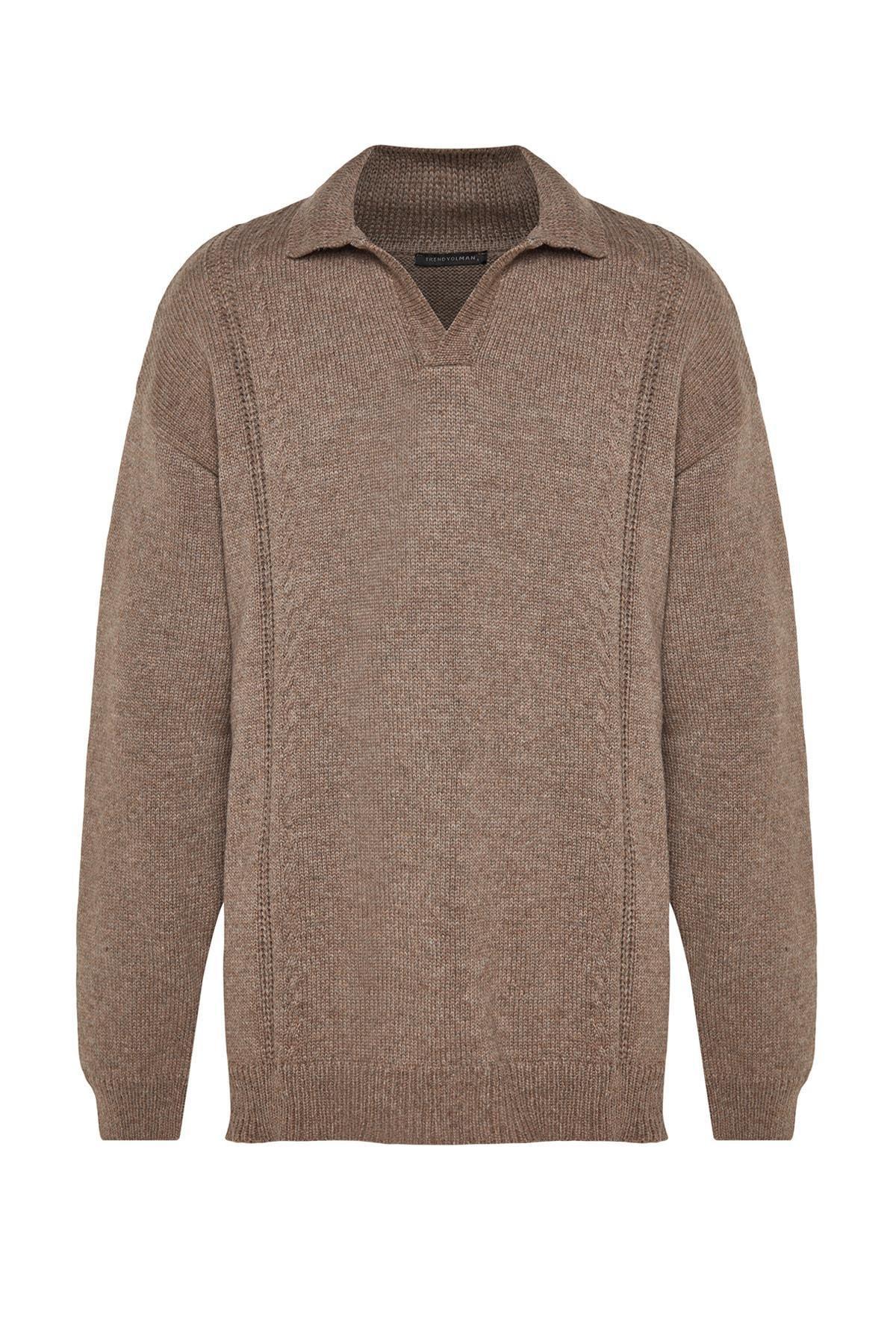 Brown Oversize Polo Neck Knitwear Sweater, , large image number 6