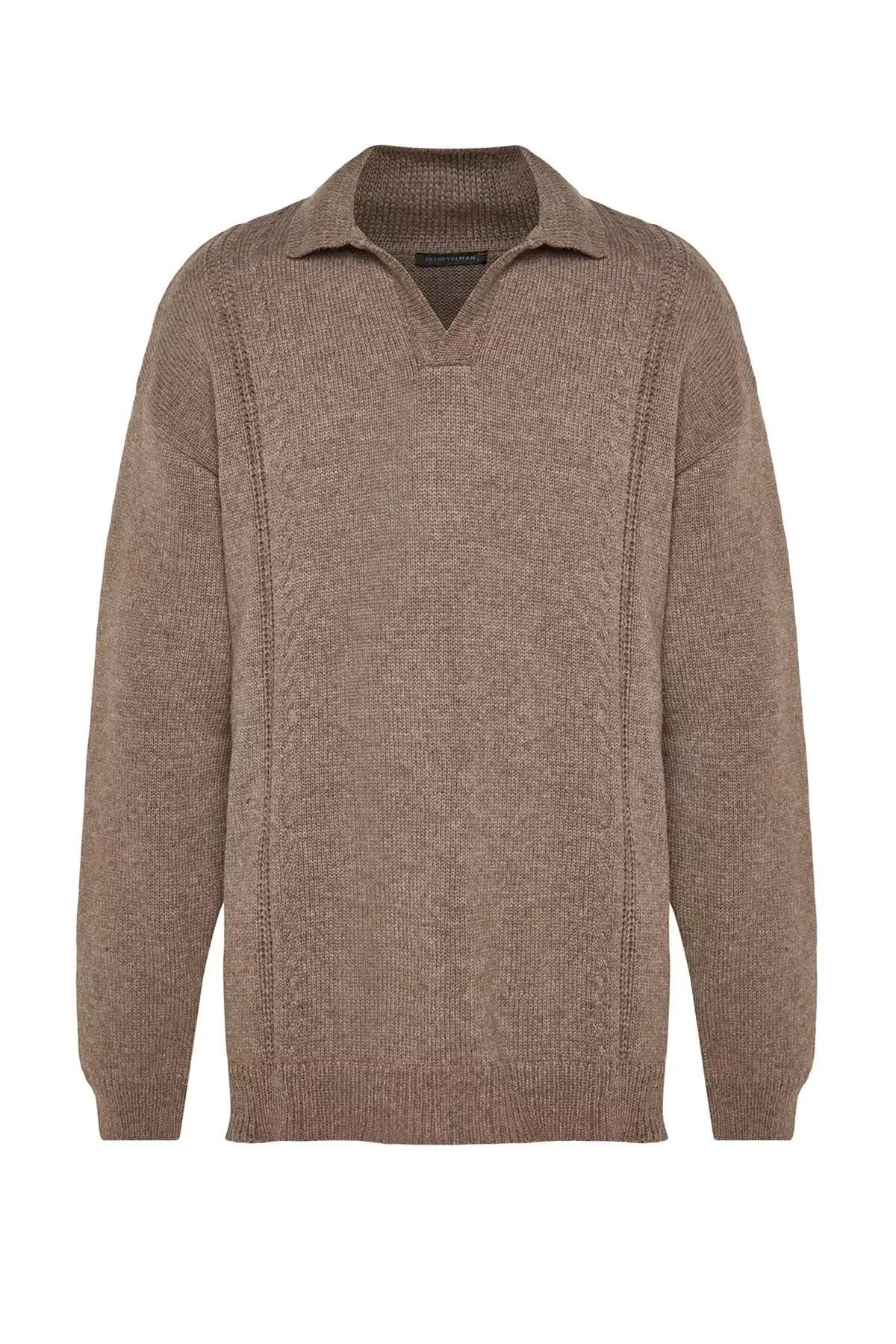 Brown Oversize Polo Neck Knitwear Sweater, , large image number 7