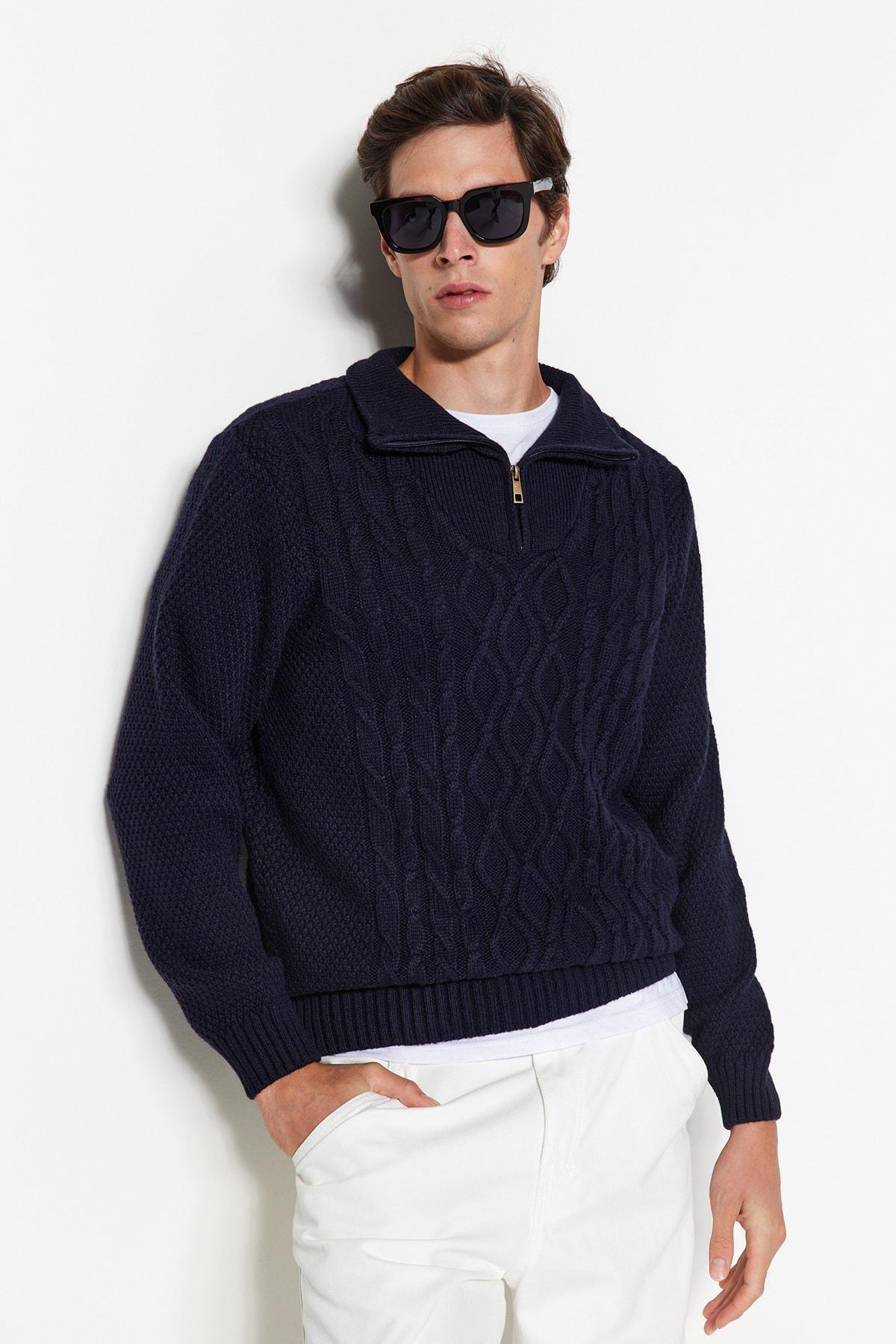 Navy Half Turtleneck Knitwear Sweater, , large image number 0