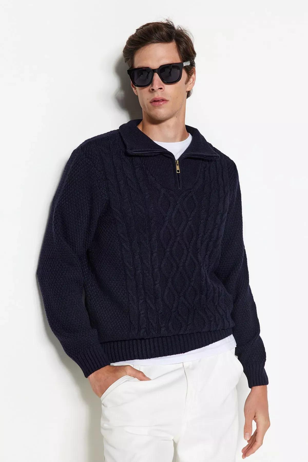 Navy Half Turtleneck Knitwear Sweater, Navy blue, medium