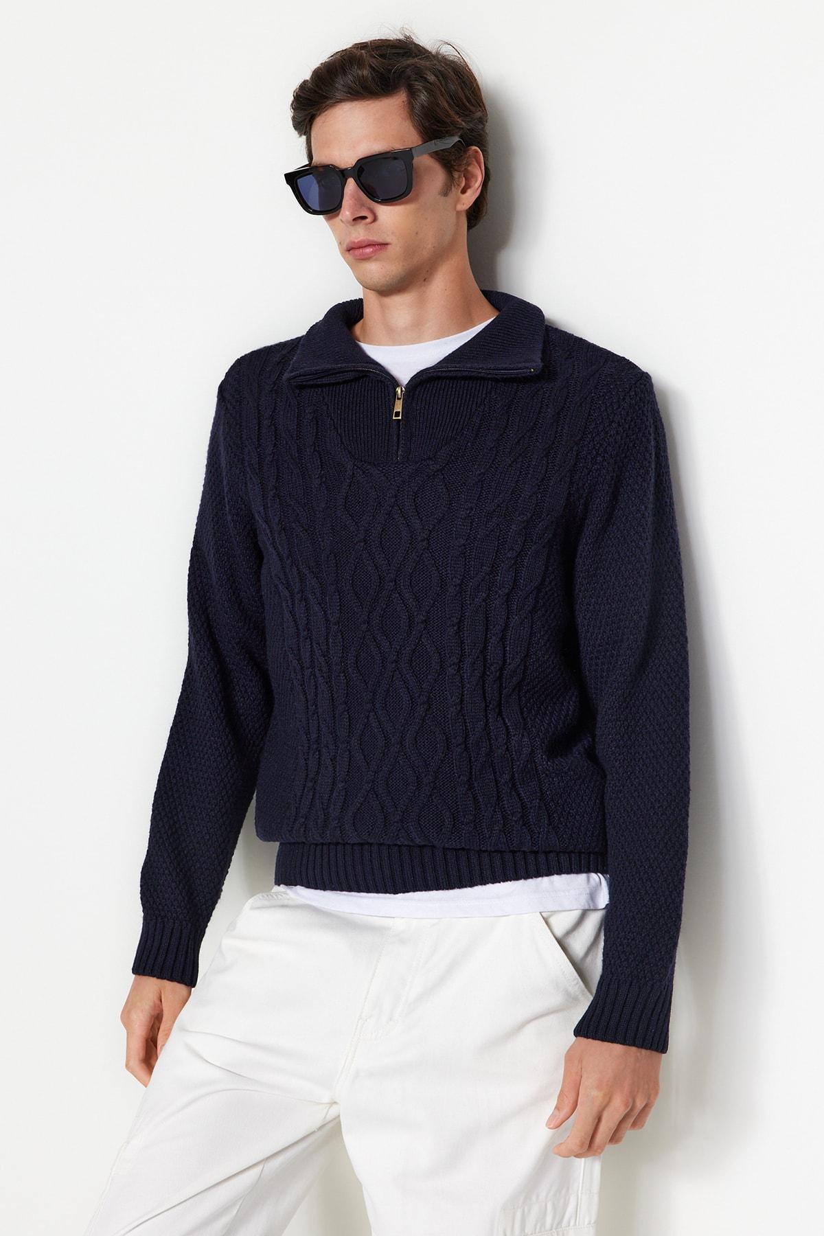 Navy Half Turtleneck Knitwear Sweater, , large image number 1