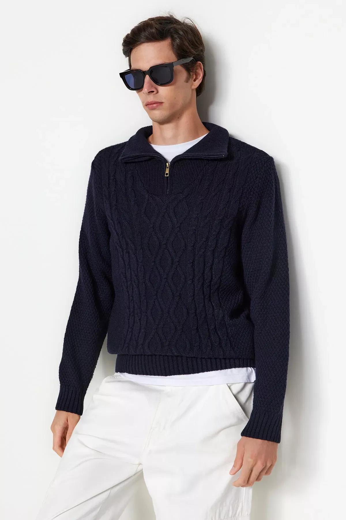Navy Half Turtleneck Knitwear Sweater, Navy blue, medium