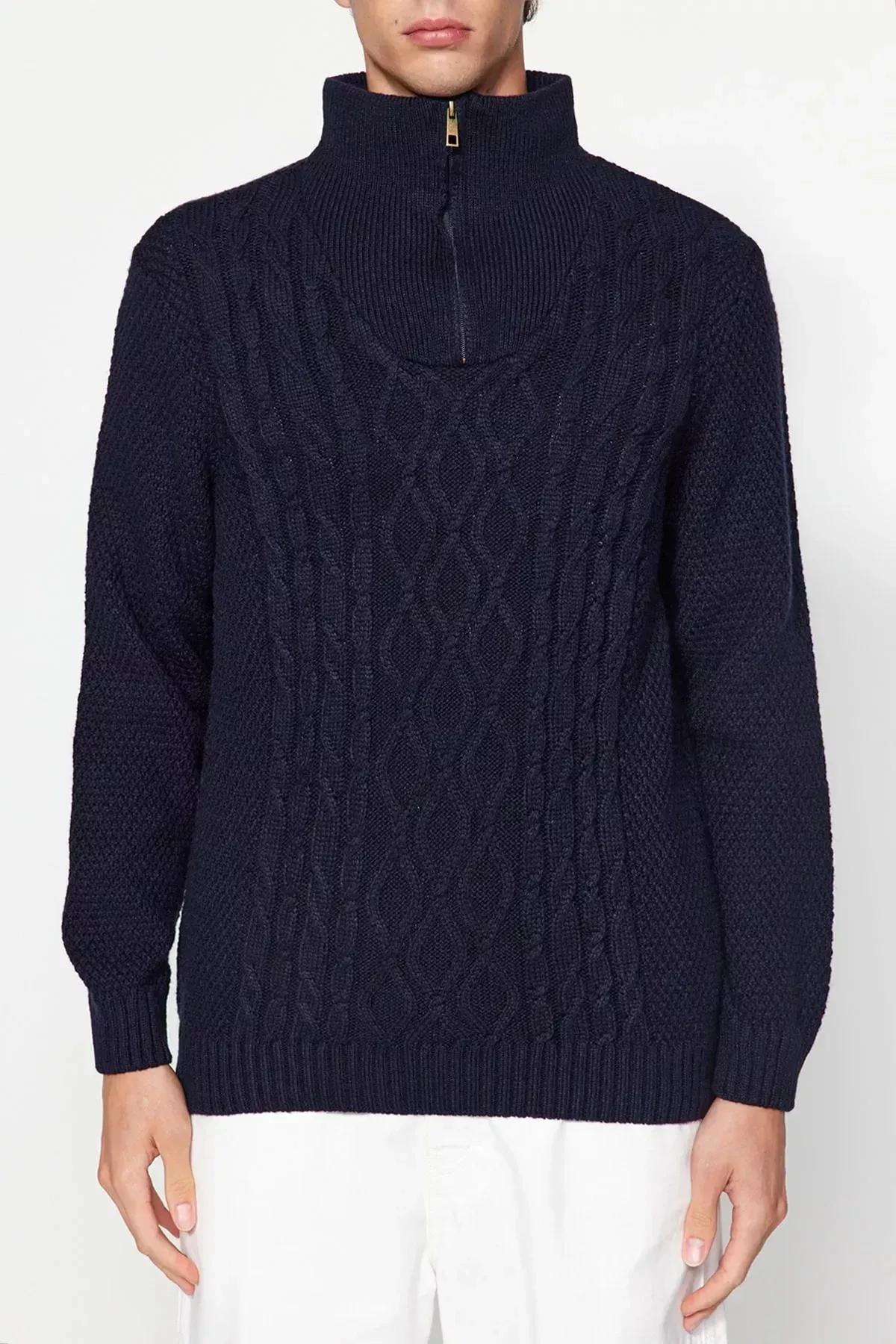 Navy Half Turtleneck Knitwear Sweater, Navy blue, medium