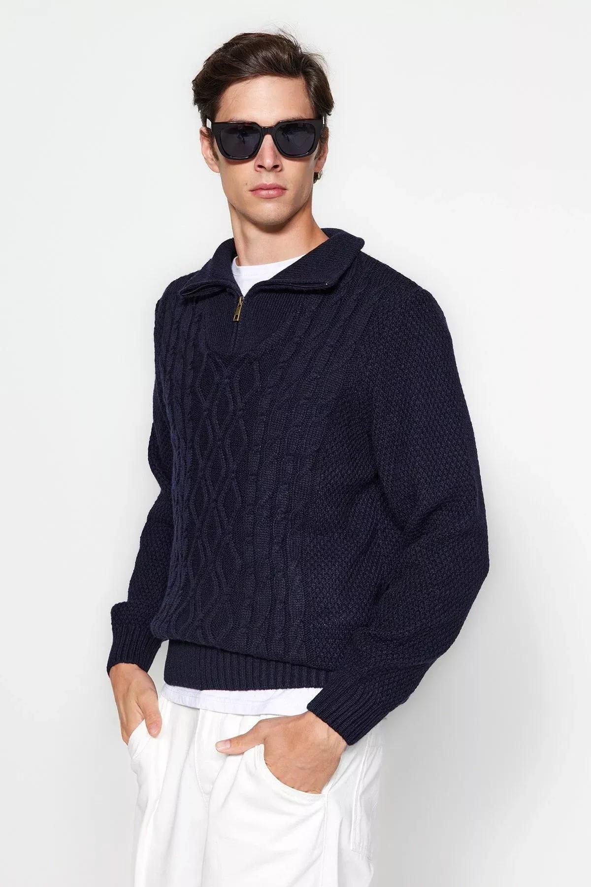 Navy Half Turtleneck Knitwear Sweater, , large image number 5