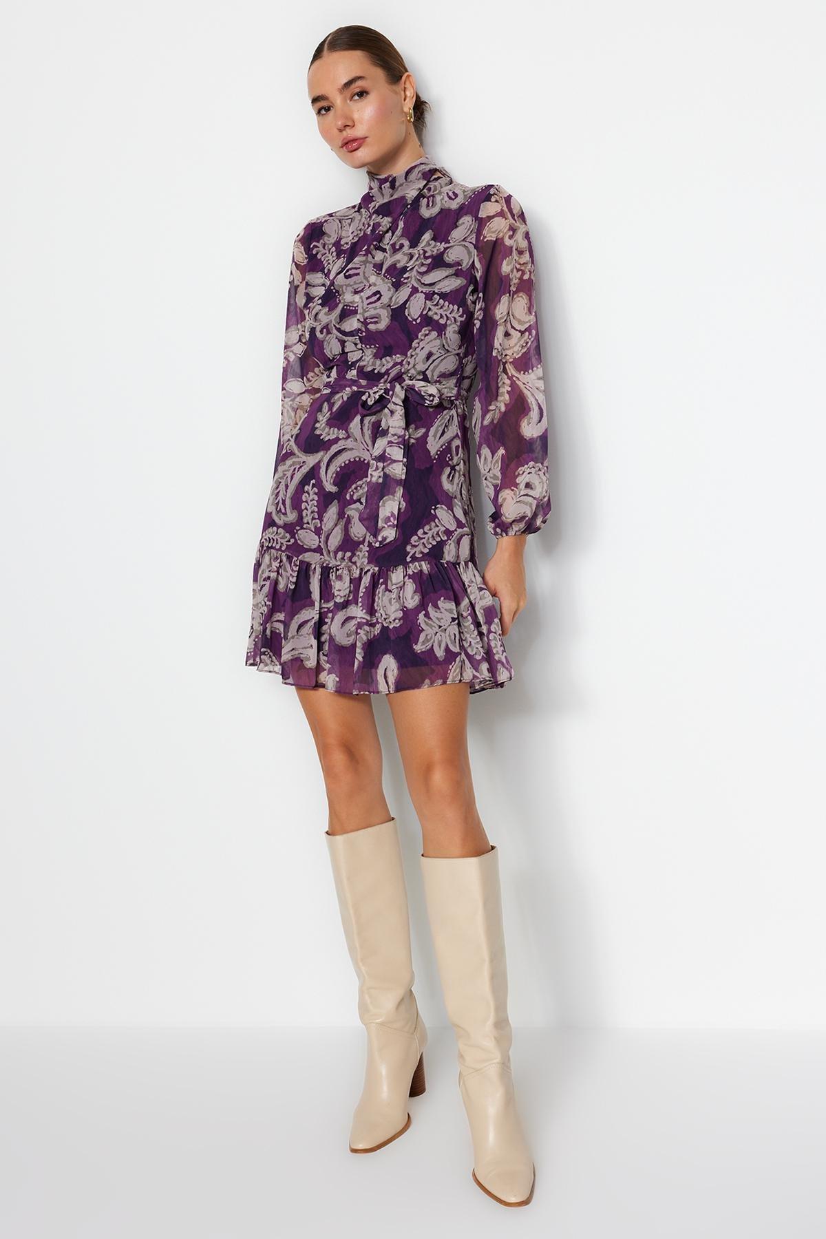 Purple Belted Skirt Chiffon Woven Dress, , large image number 0
