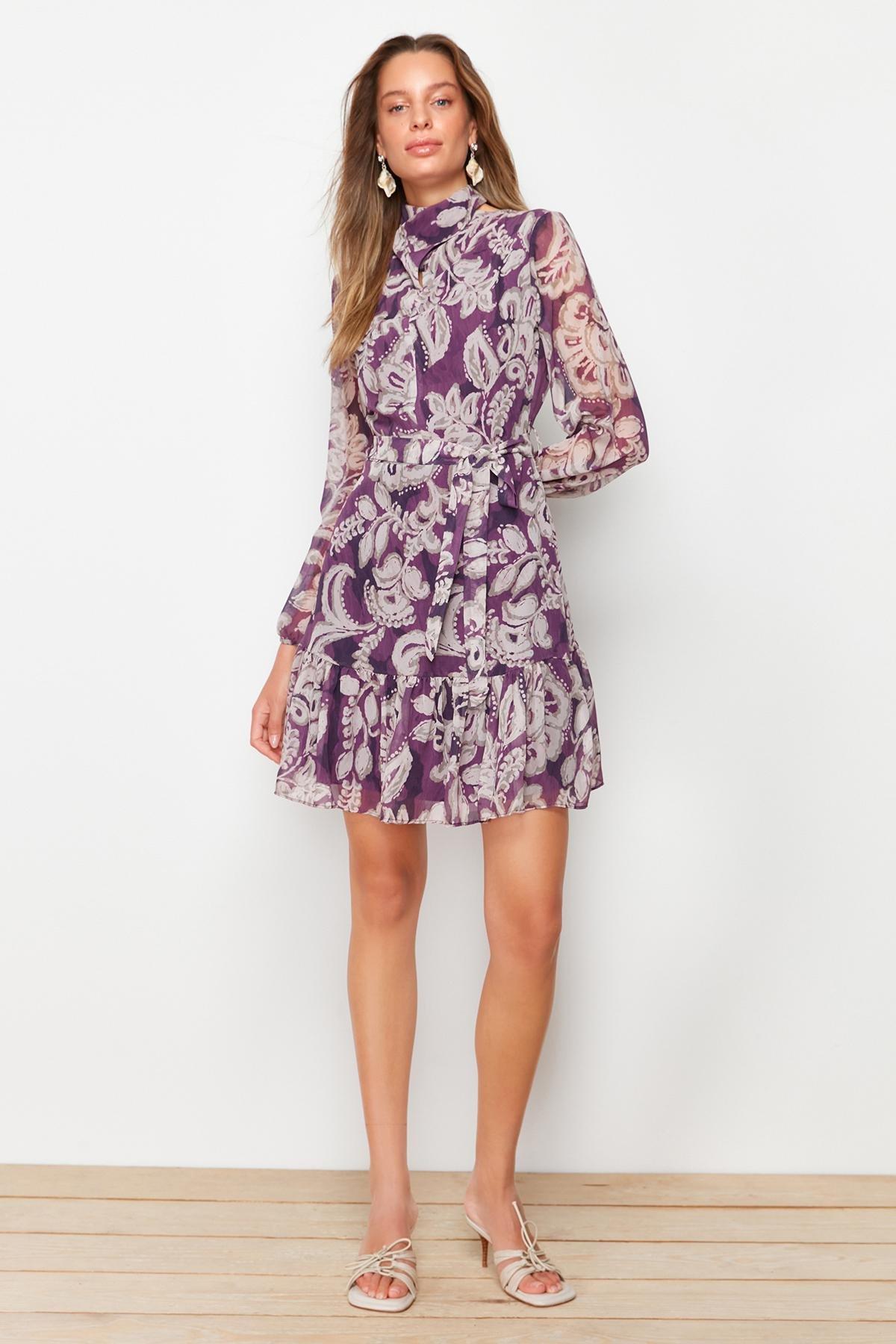 Purple Belted Skirt Chiffon Woven Dress, , large image number 2
