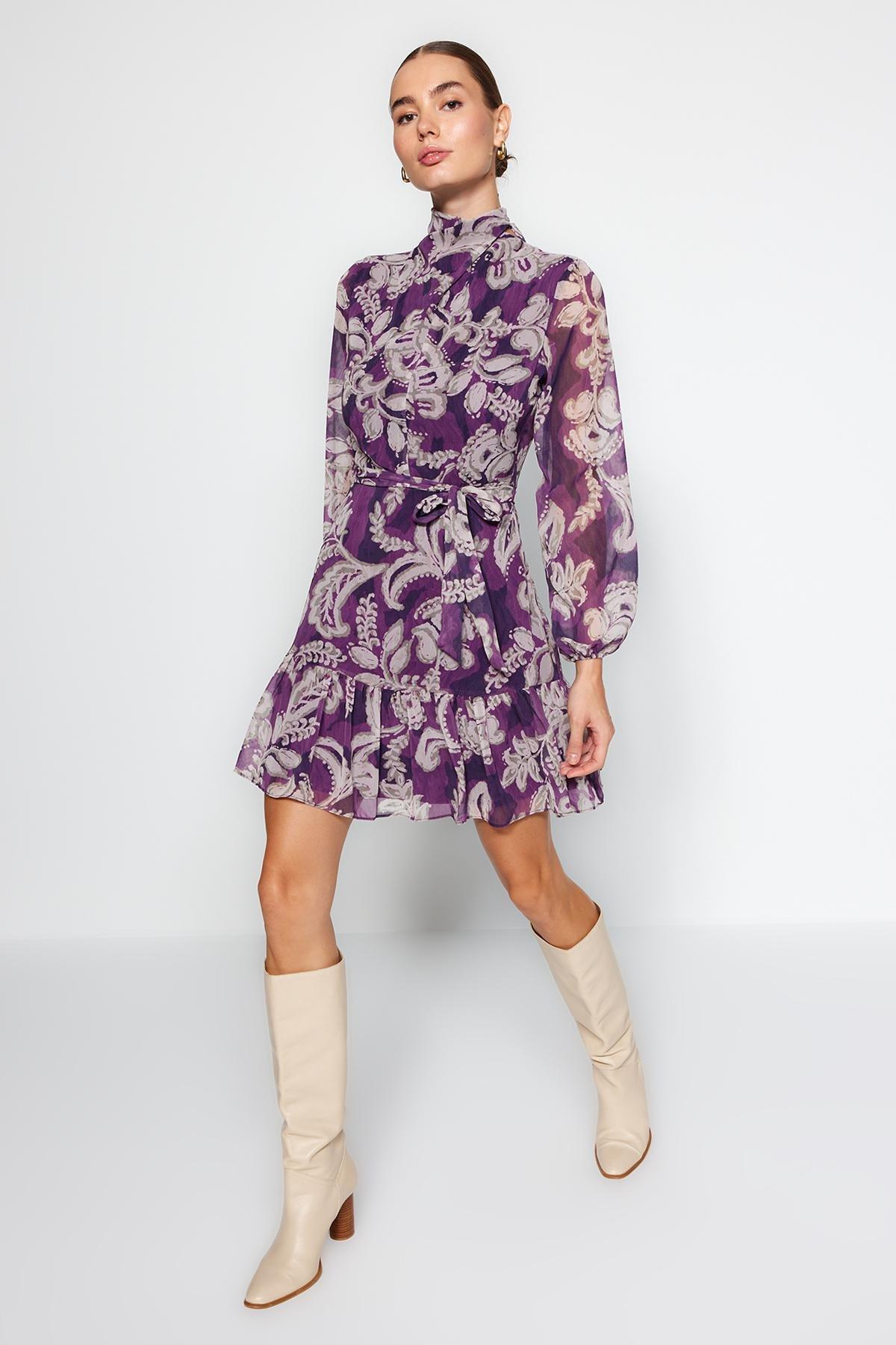 Purple Belted Skirt Chiffon Woven Dress, , large image number 3