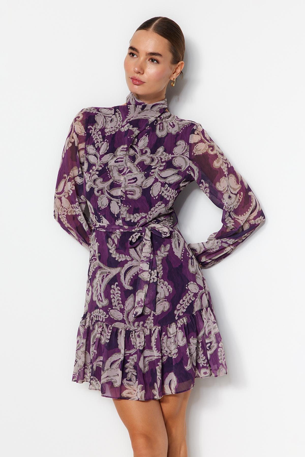 Purple Belted Skirt Chiffon Woven Dress, , large image number 4