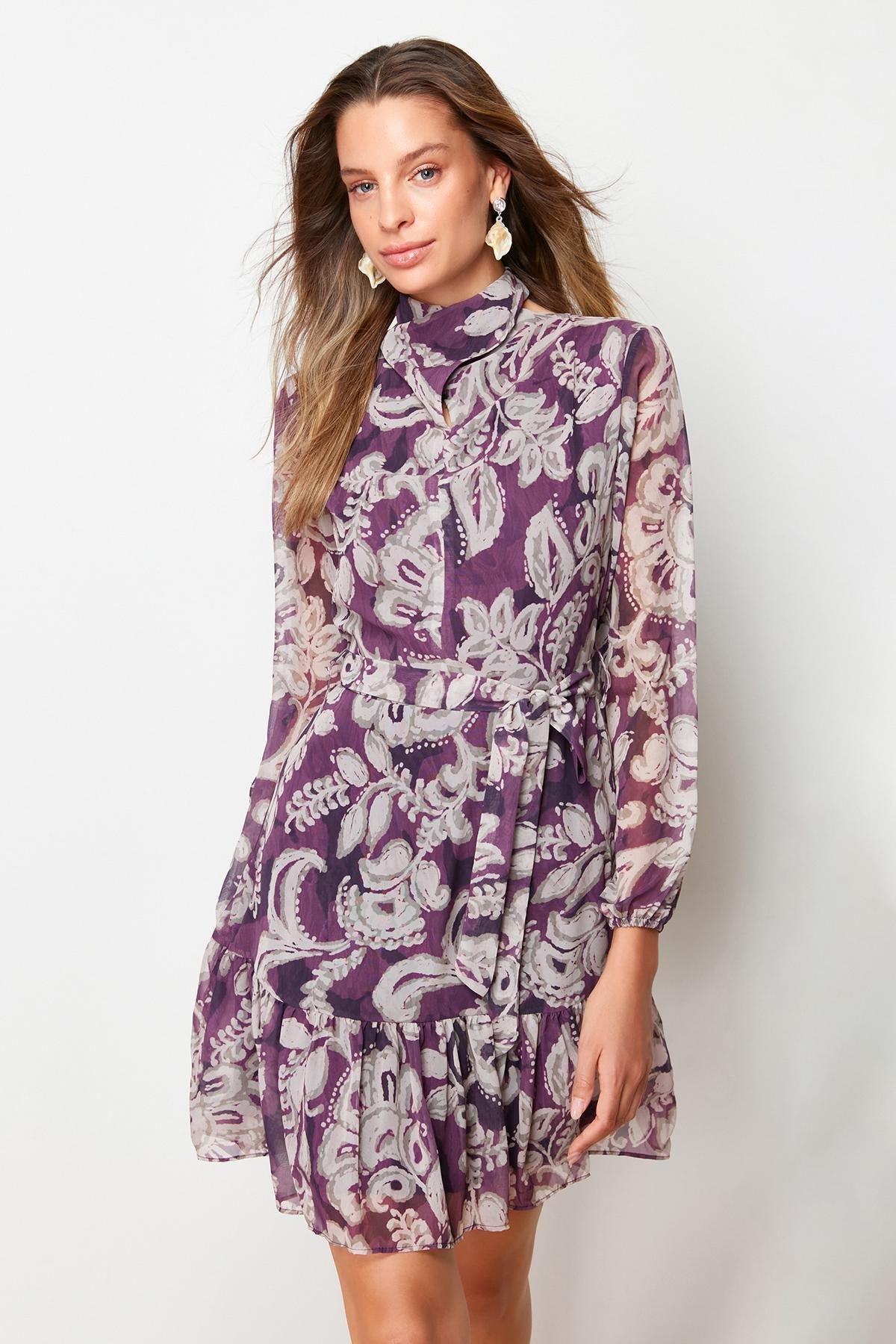 Purple Belted Skirt Chiffon Woven Dress, , large image number 5