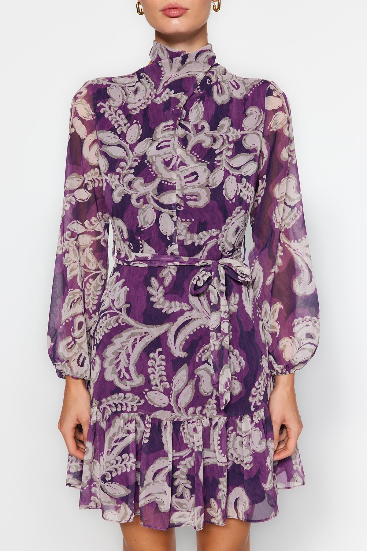 Purple Belted Skirt Chiffon Woven Dress, , large image number 6