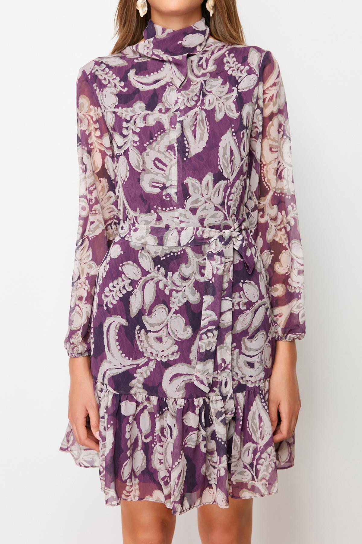 Purple Belted Skirt Chiffon Woven Dress, , large image number 8