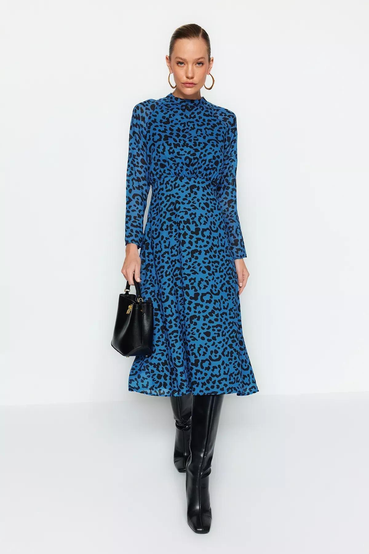 Blue Midi Leopard Print Woven Dress, Blue, large image number 0