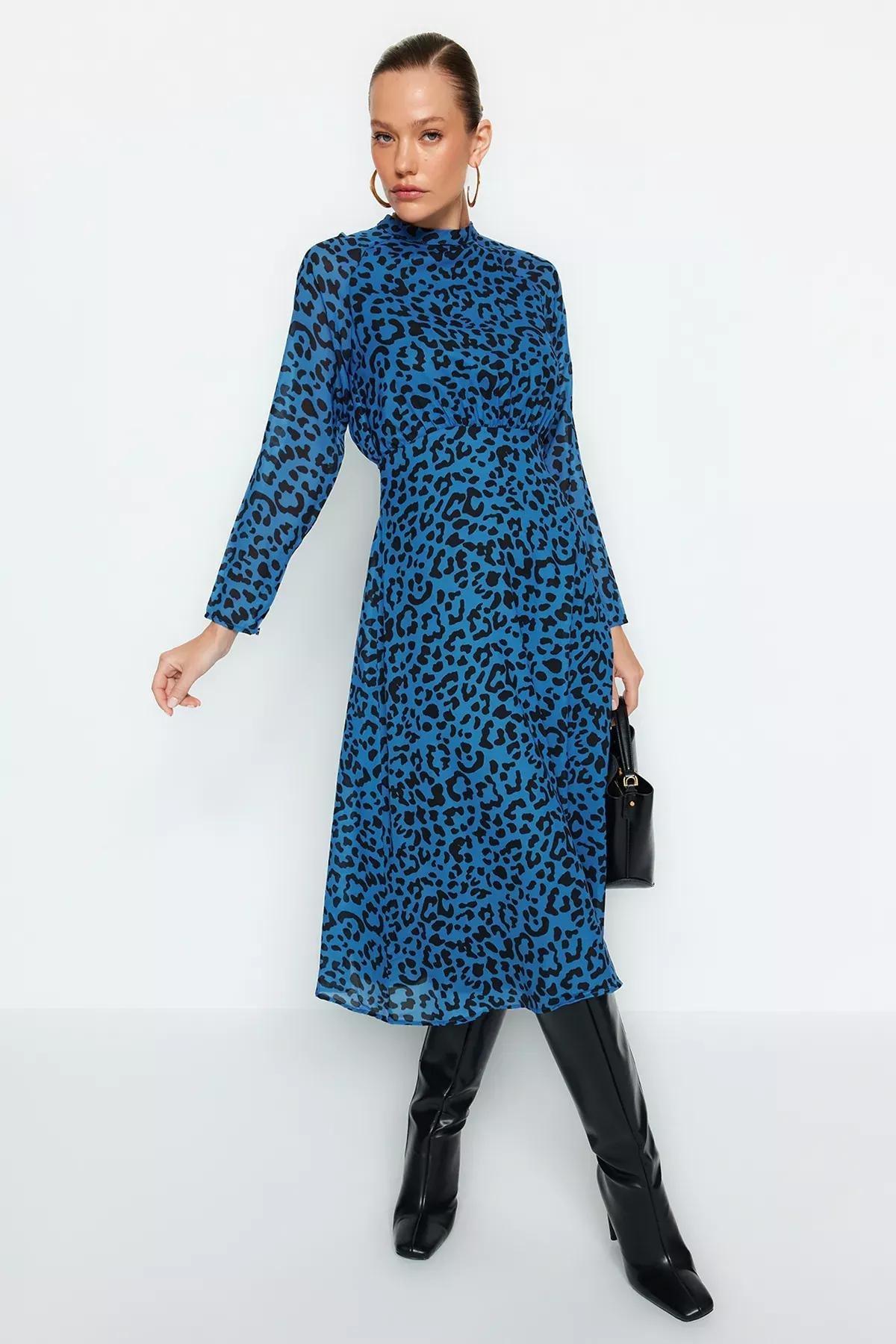 Blue Midi Leopard Print Woven Dress, Blue, large image number 1