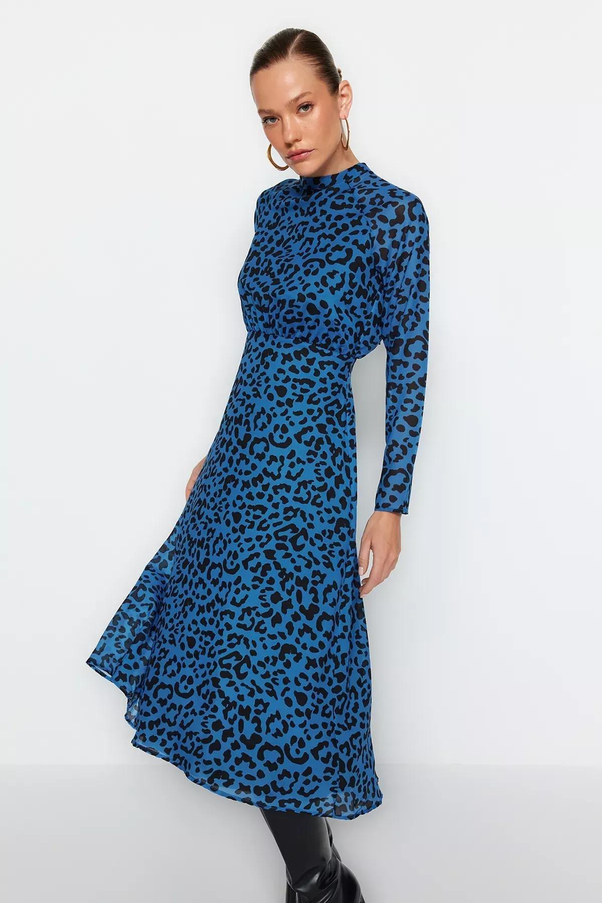 Blue Midi Leopard Print Woven Dress, Blue, large image number 2