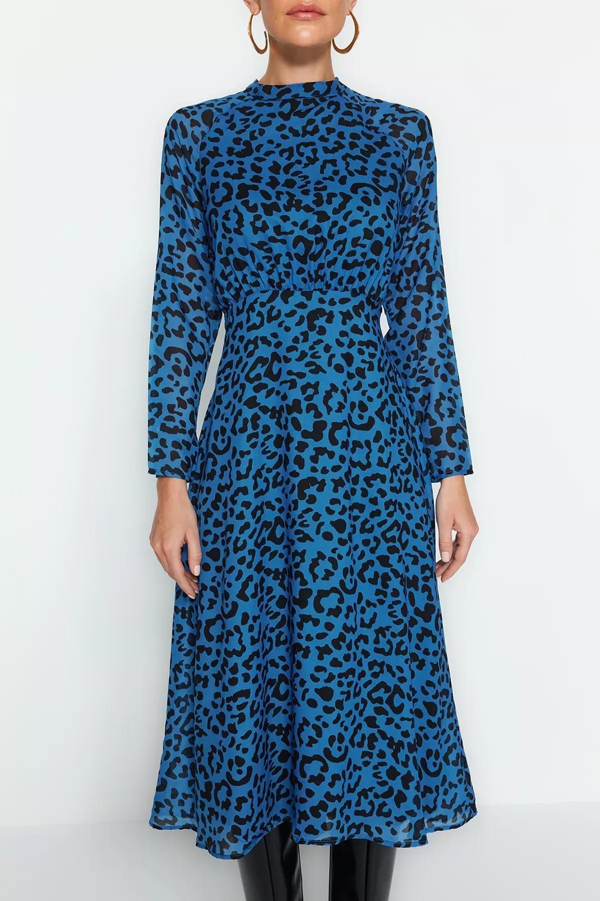 Blue Midi Leopard Print Woven Dress, Blue, large image number 3