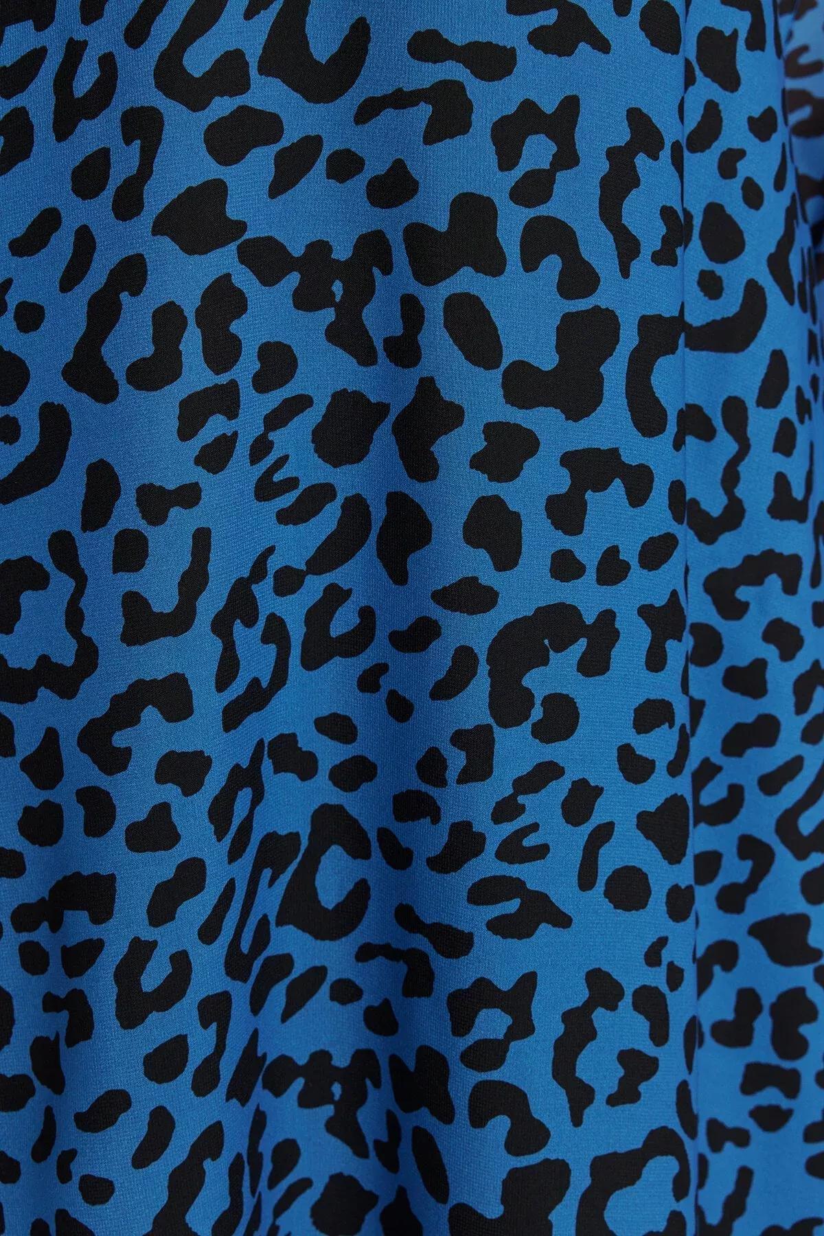 Blue Midi Leopard Print Woven Dress, Blue, large image number 4